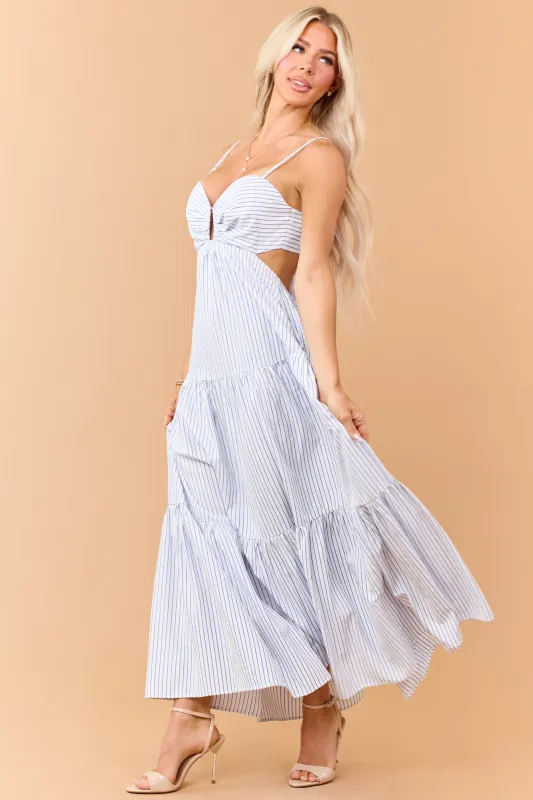 Off White and Sapphire Striped Tiered Maxi Dress made by Aakaa
