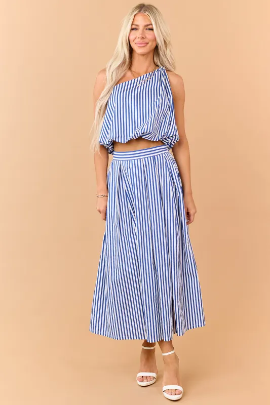 Cobalt and Off White Striped Cotton Maxi Skirt made by Lalavon