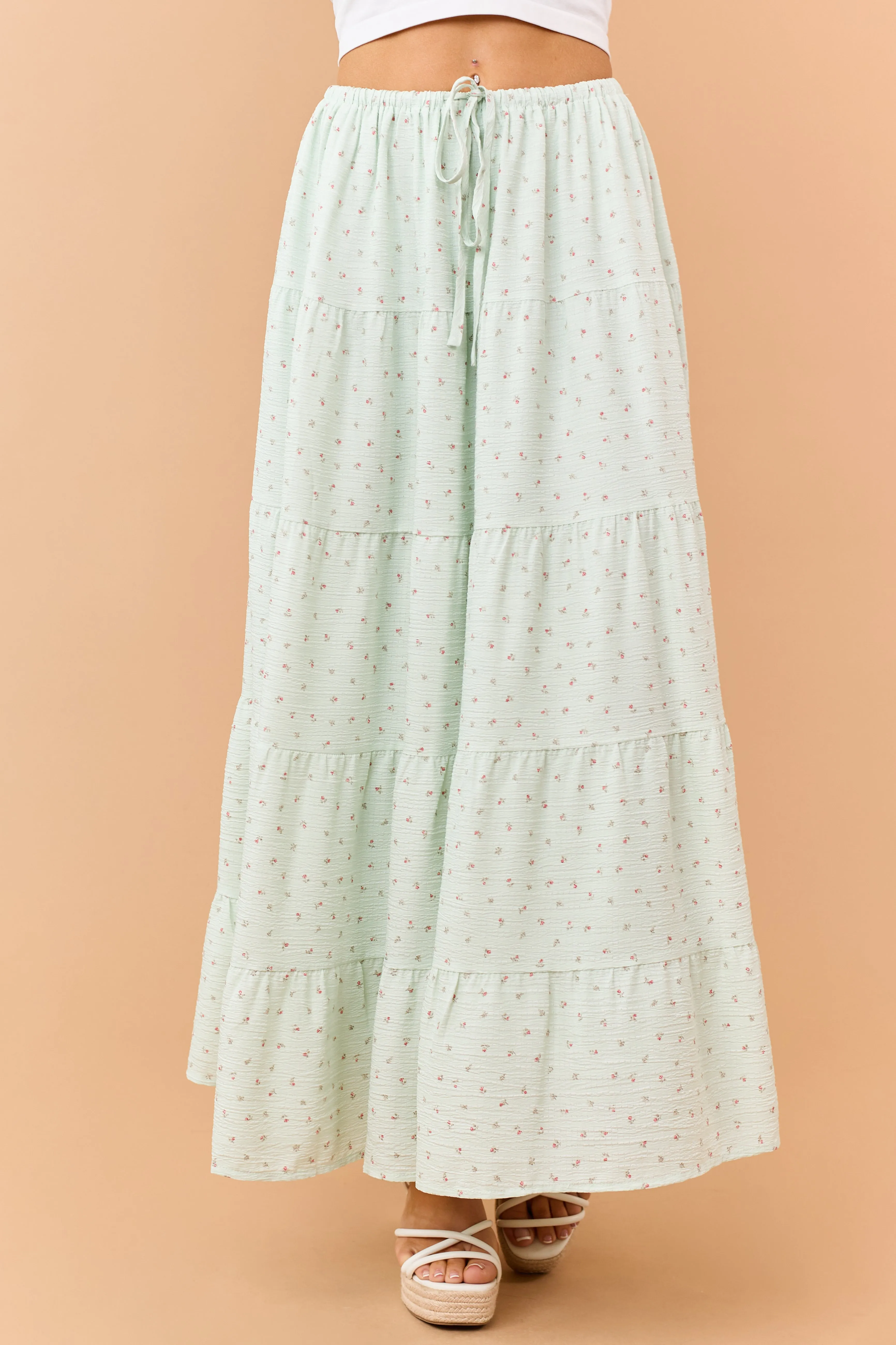 Seafoam Ditsy Floral Tiered Drawstring Maxi Skirt sold by Lime Lush product image thumbnail 2
