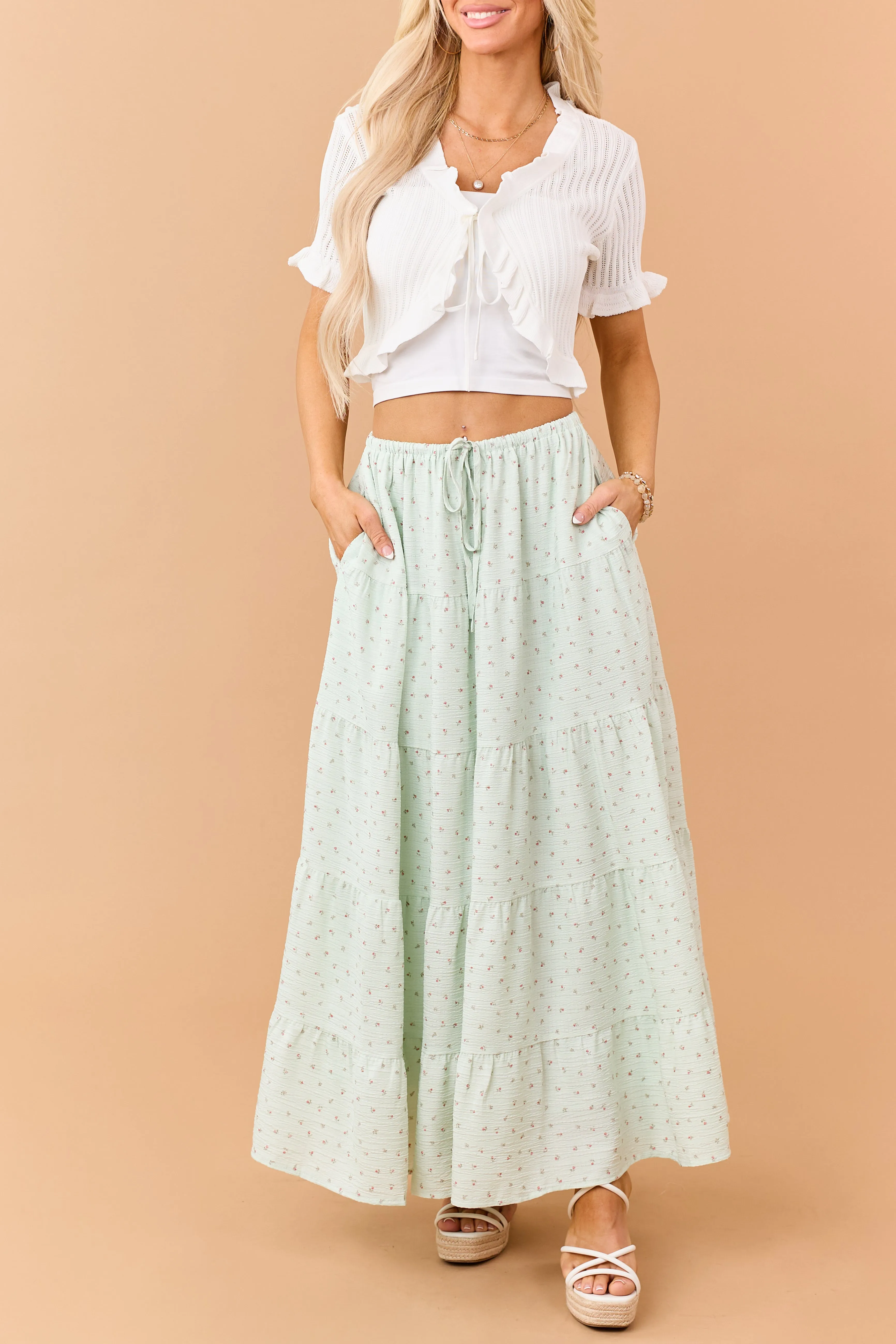 Seafoam Ditsy Floral Tiered Drawstring Maxi Skirt sold by Lime Lush