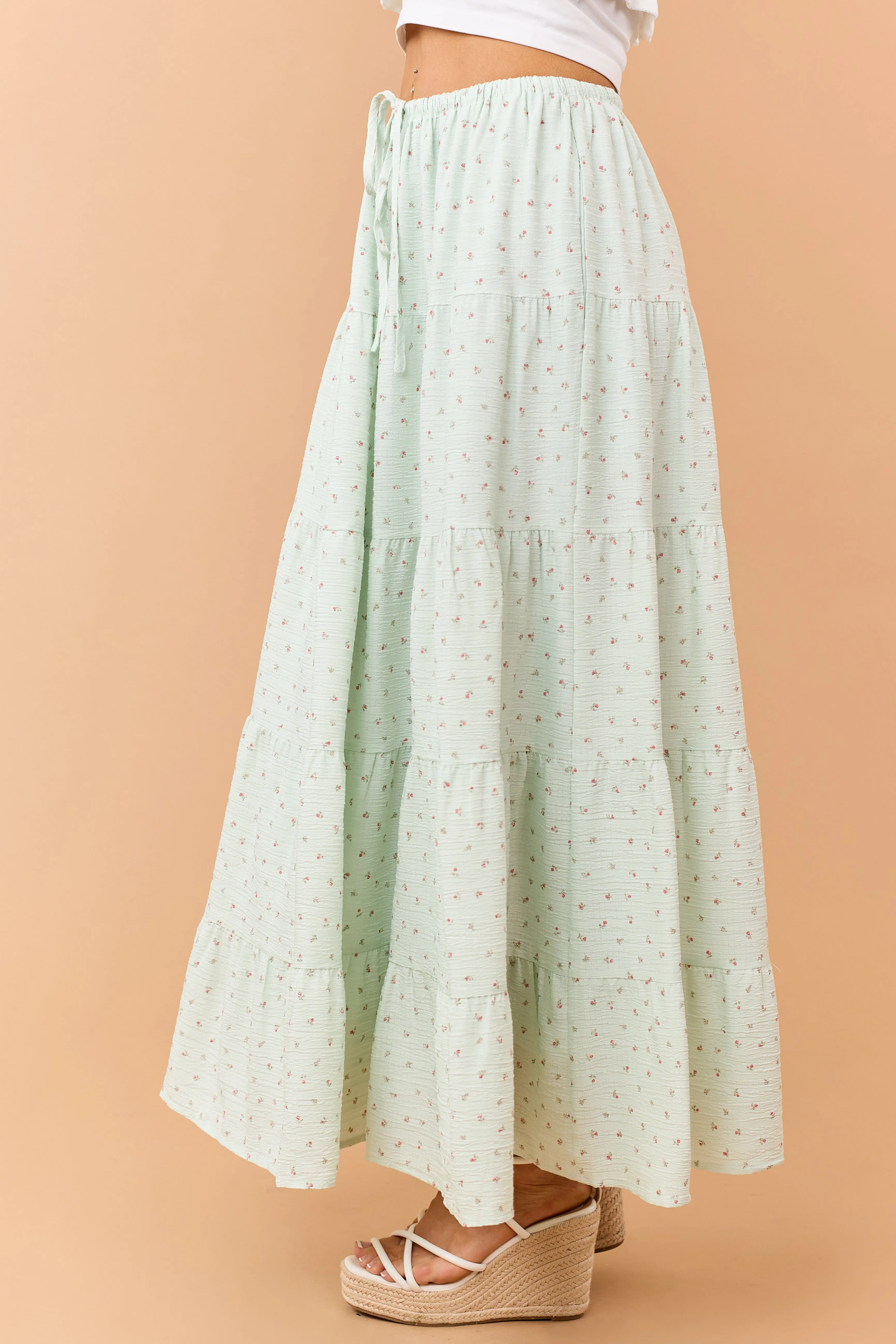 Seafoam Ditsy Floral Tiered Drawstring Maxi Skirt sold by Lime Lush product image thumbnail 3
