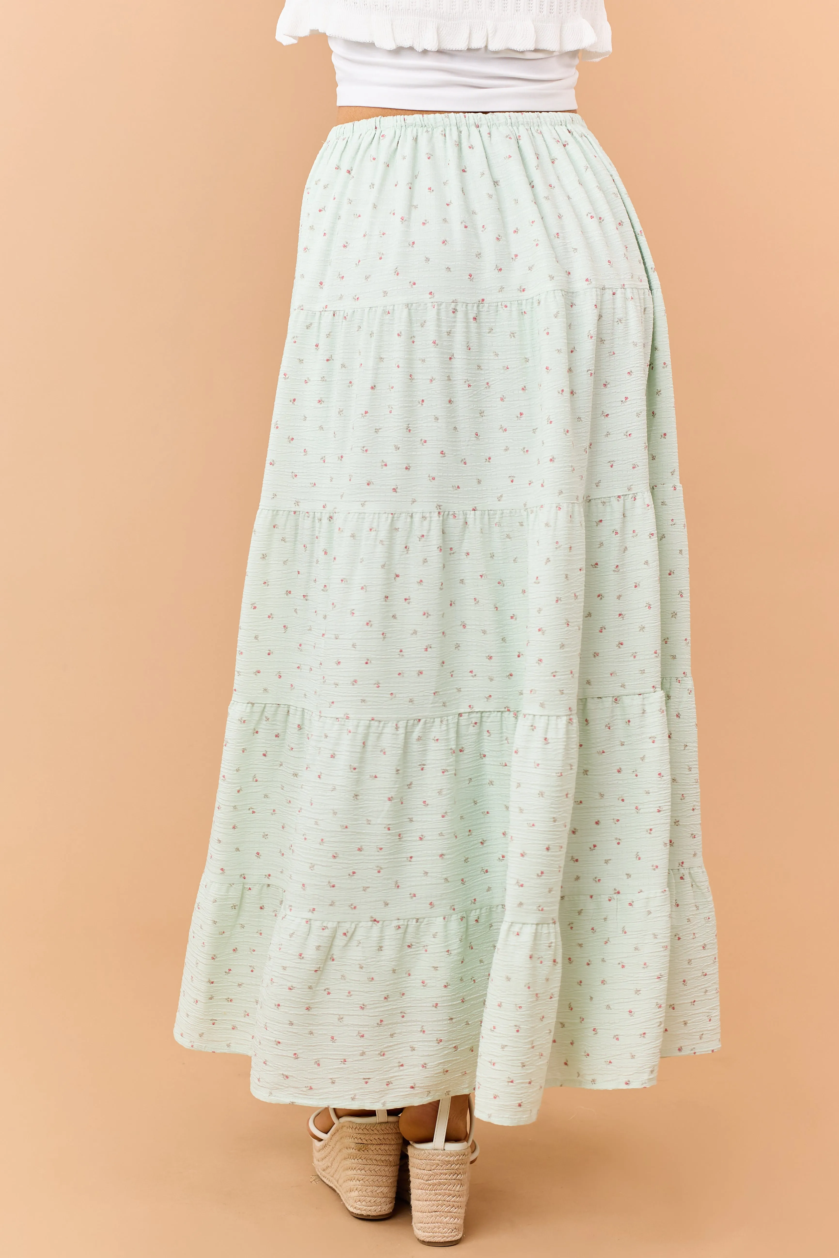 Seafoam Ditsy Floral Tiered Drawstring Maxi Skirt sold by Lime Lush product image thumbnail 4
