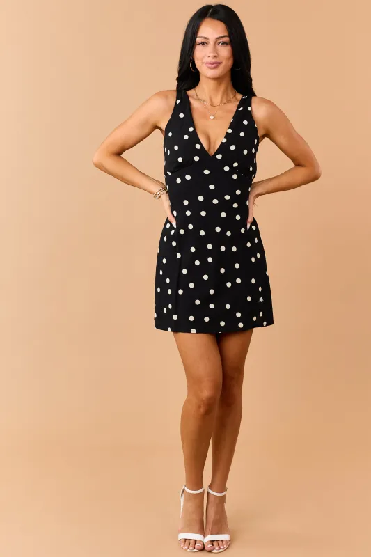 Black Polka Dot V-Neck Back Tie Mini Dress made by Dress Forum