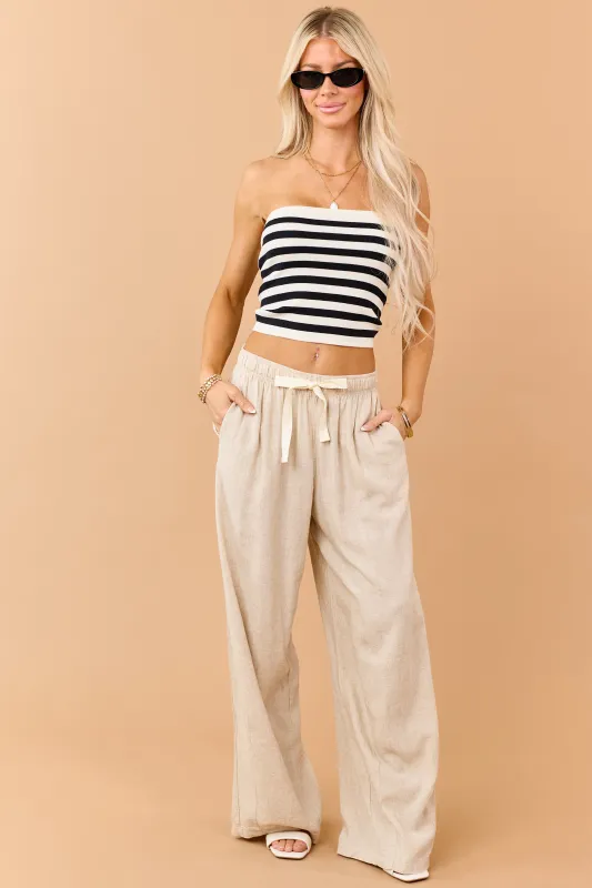Beige Linen Blend Drawstring Wide Leg Pants made by Zenana