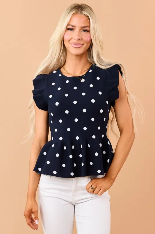 Entro Navy Polka Dot Knit Ruffle Peplum Top made by entro