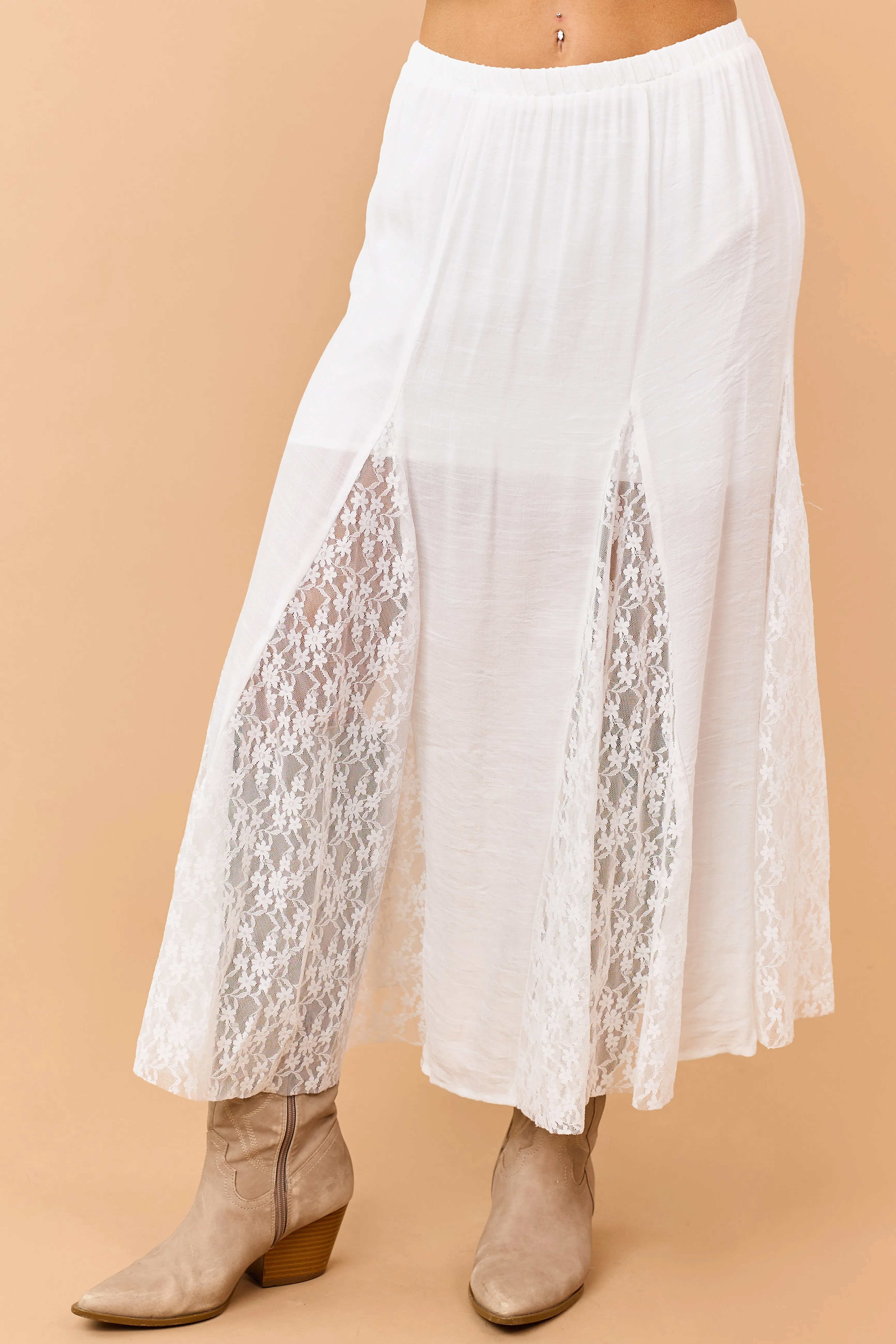 Off White Lace Godet Panel Elastic Waist Maxi Skirt sold by Lime Lush product image thumbnail 2