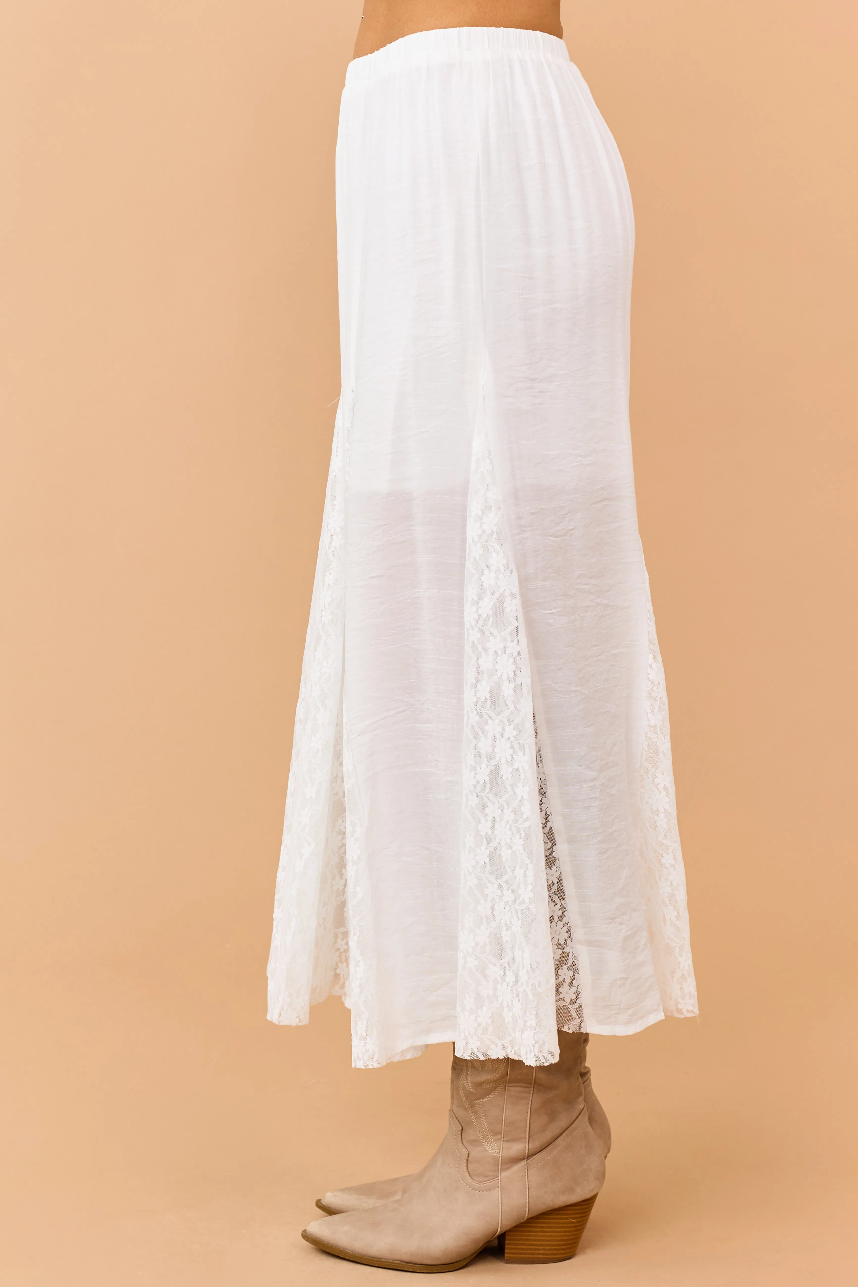 Off White Lace Godet Panel Elastic Waist Maxi Skirt sold by Lime Lush product image thumbnail 3