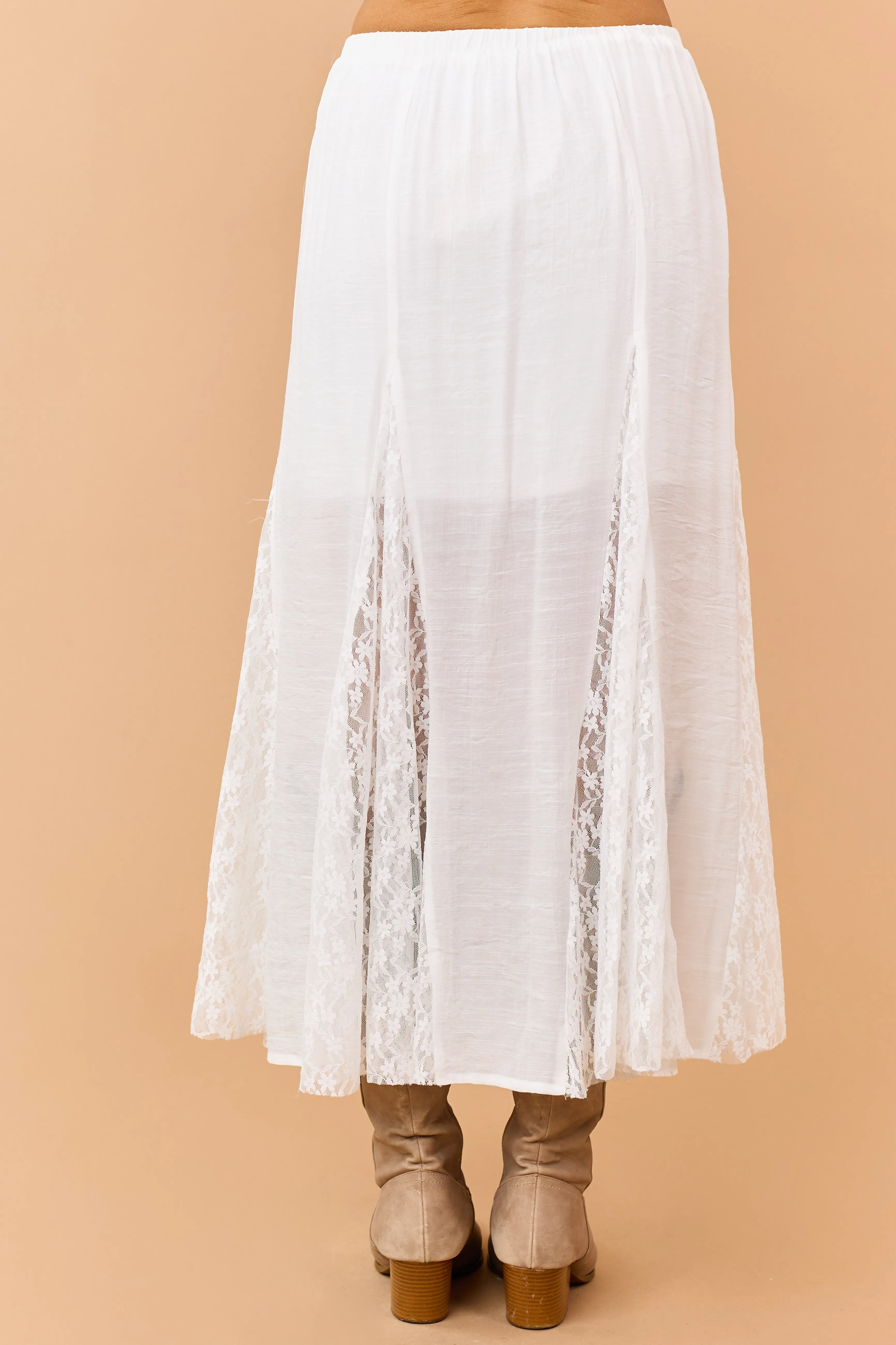 Off White Lace Godet Panel Elastic Waist Maxi Skirt sold by Lime Lush product image thumbnail 4