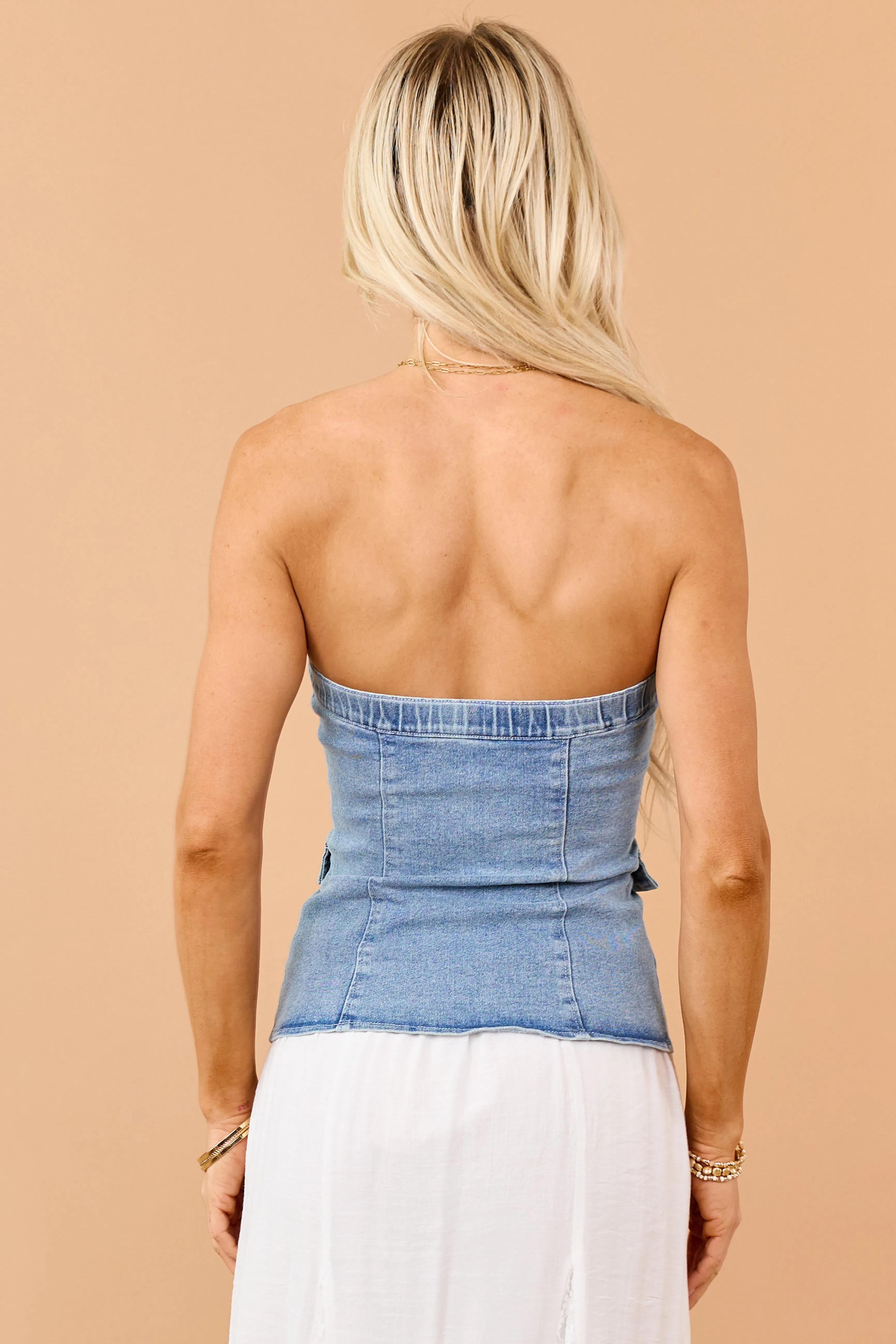 Light Wash Denim Button Down Strapless Top sold by Lime Lush product image thumbnail 5
