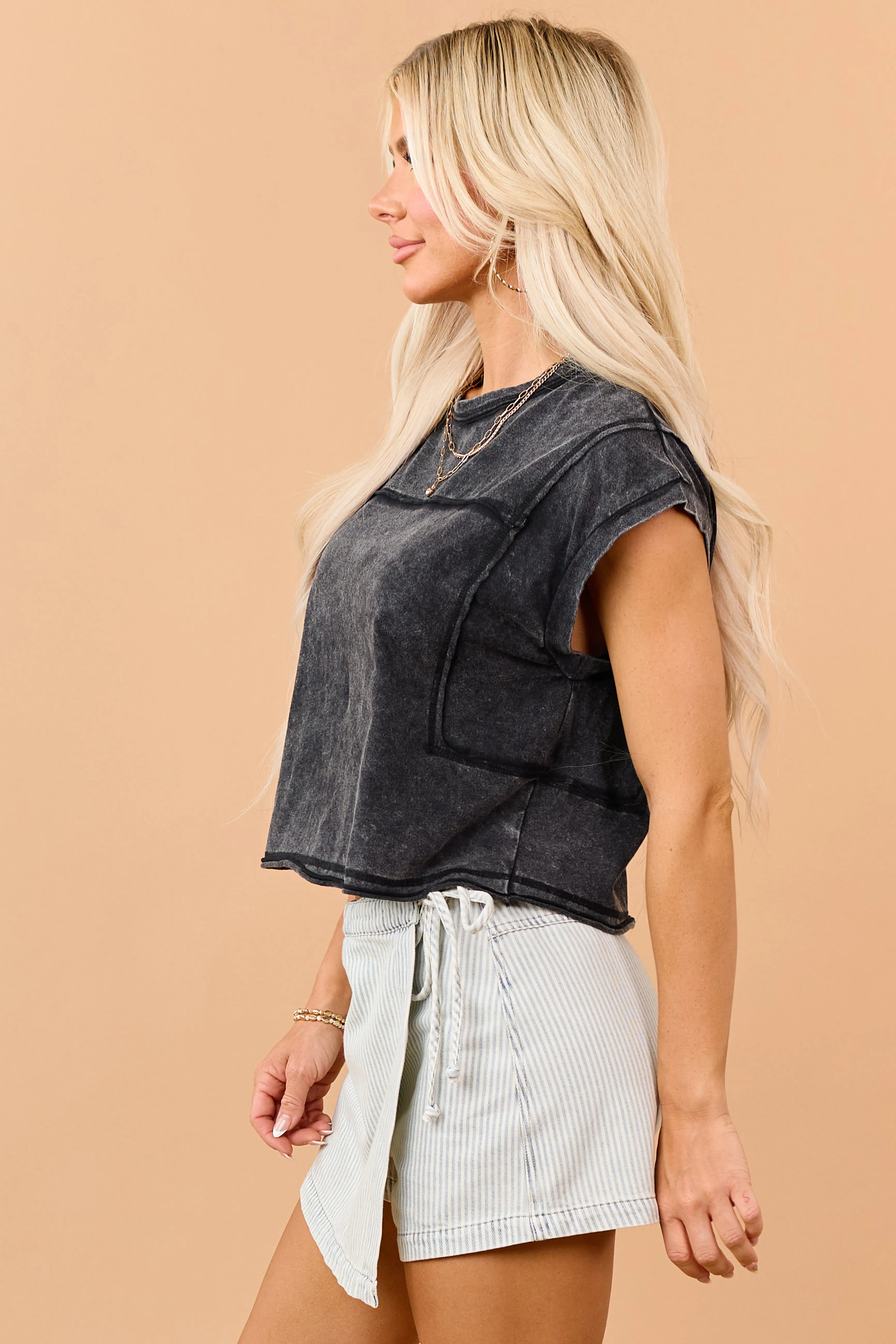 Black Mineral Wash Cotton Exposed Seam Boxy Top sold by Lime Lush product image thumbnail 4
