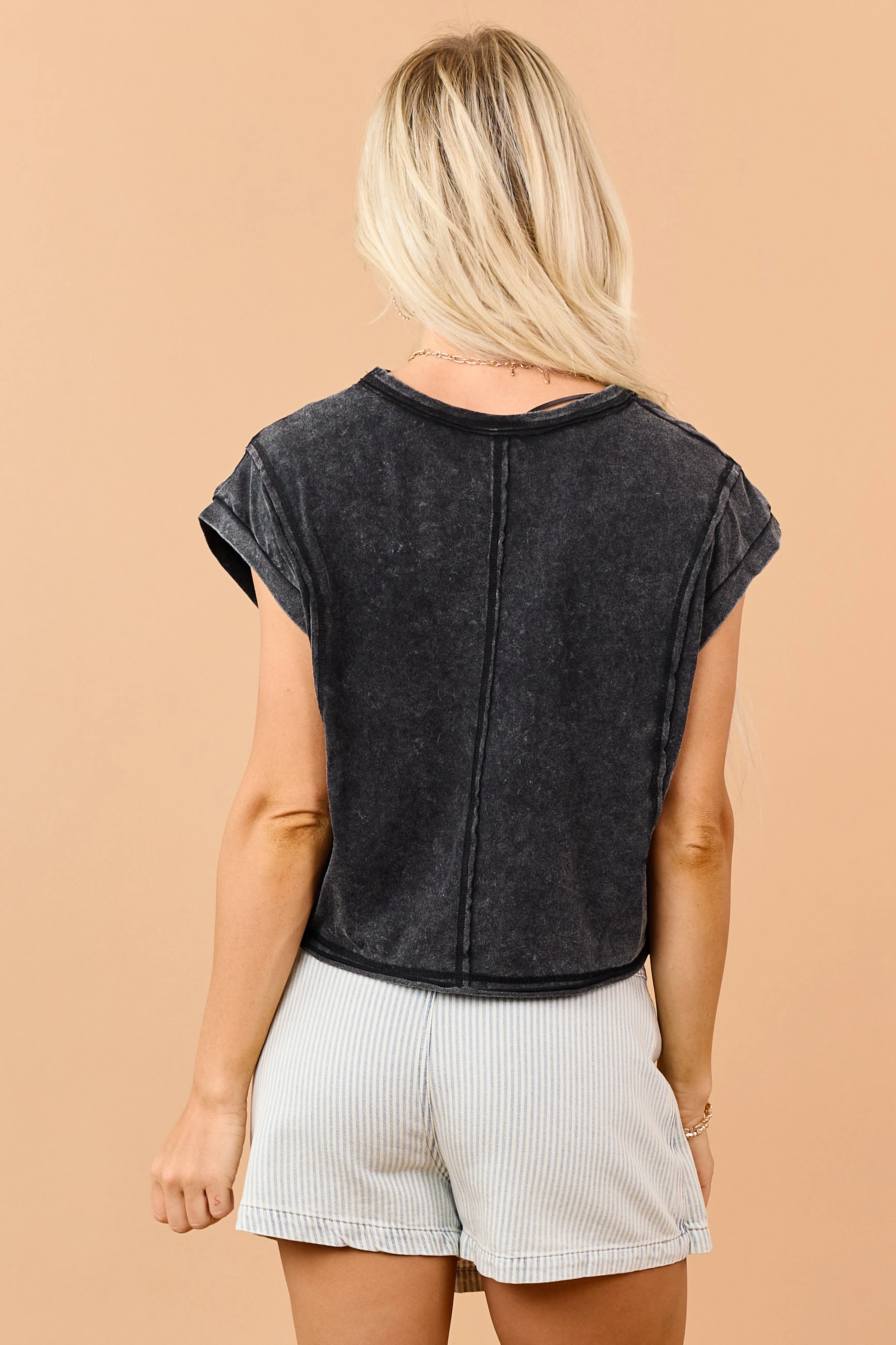 Black Mineral Wash Cotton Exposed Seam Boxy Top sold by Lime Lush product image thumbnail 5