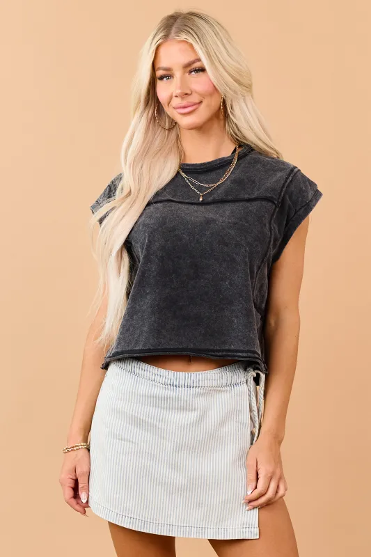 Black Mineral Wash Cotton Exposed Seam Boxy Top made by Very J