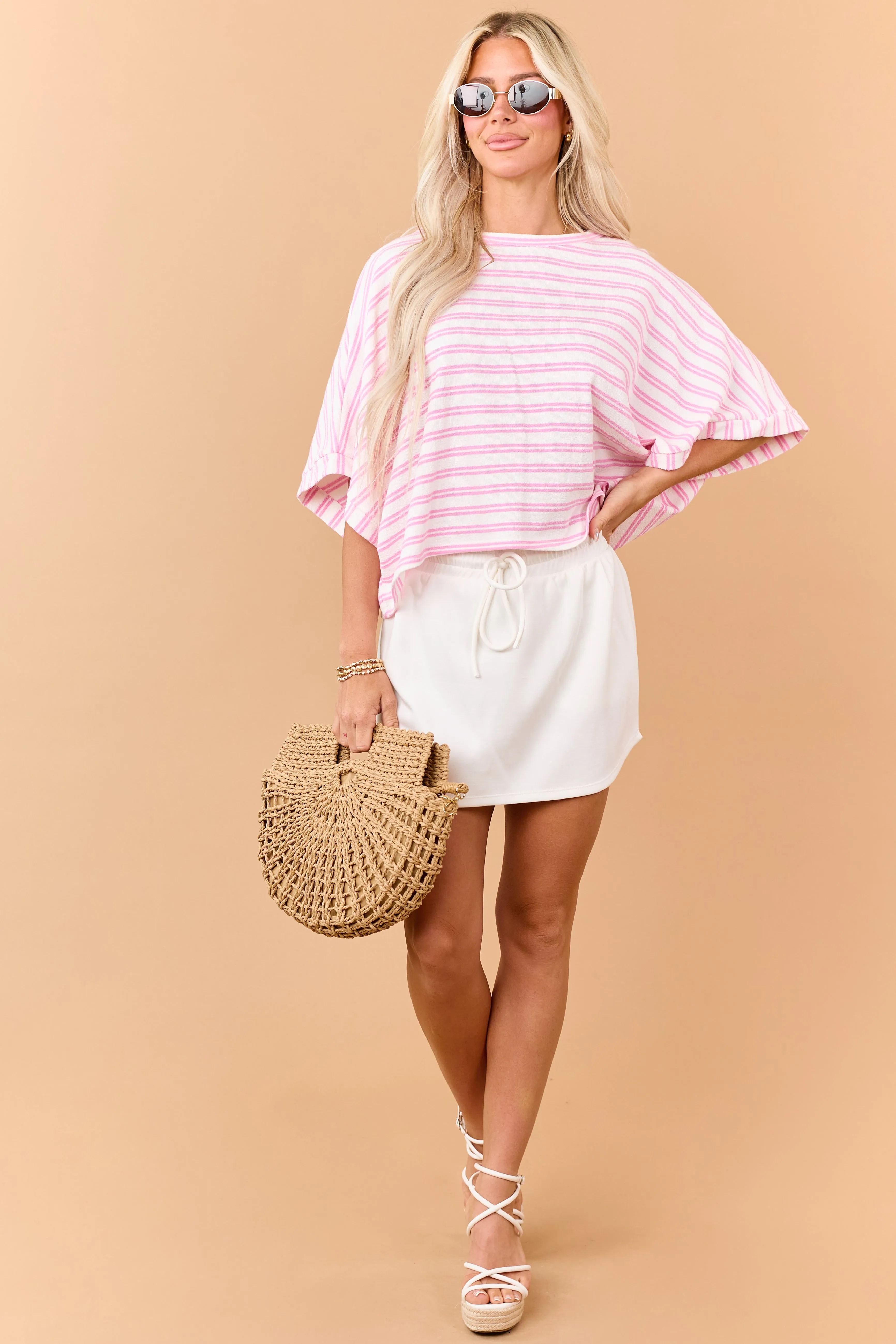 Ivory Soft Knit Drawstring Waist Mini Skort sold by Lime Lush product image thumbnail 2