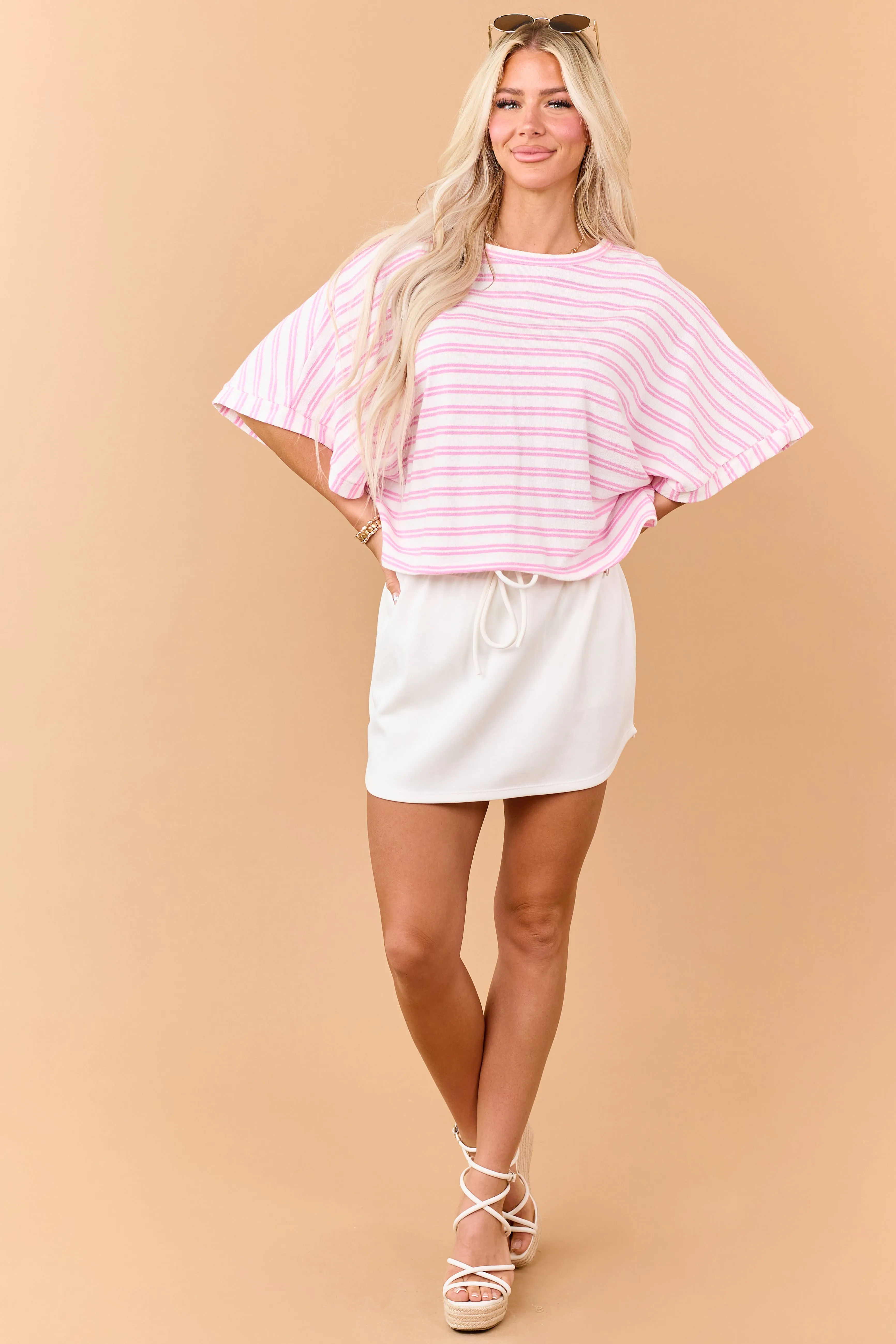 Ivory Soft Knit Drawstring Waist Mini Skort sold by Lime Lush product image thumbnail 5