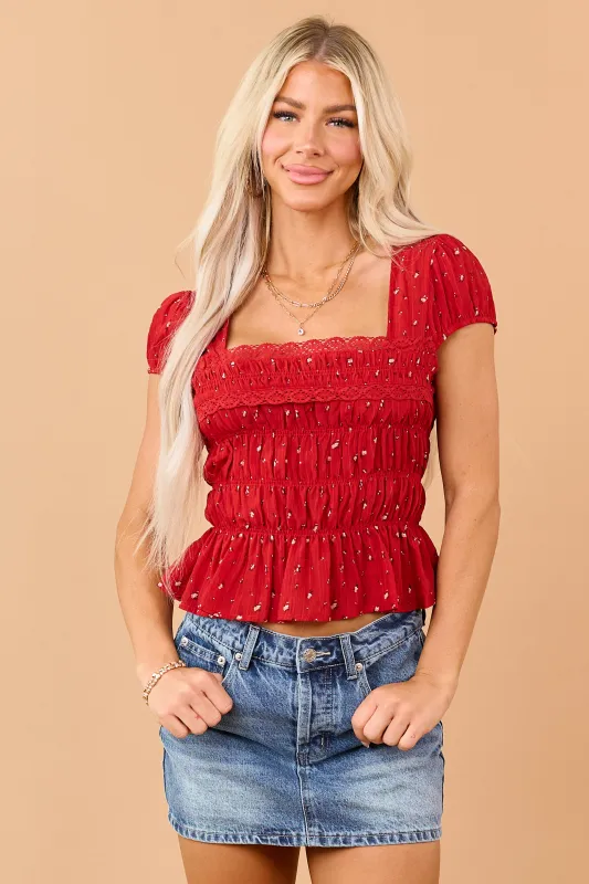 Candy Apple Red Floral Smocked Peplum Top made by privy
