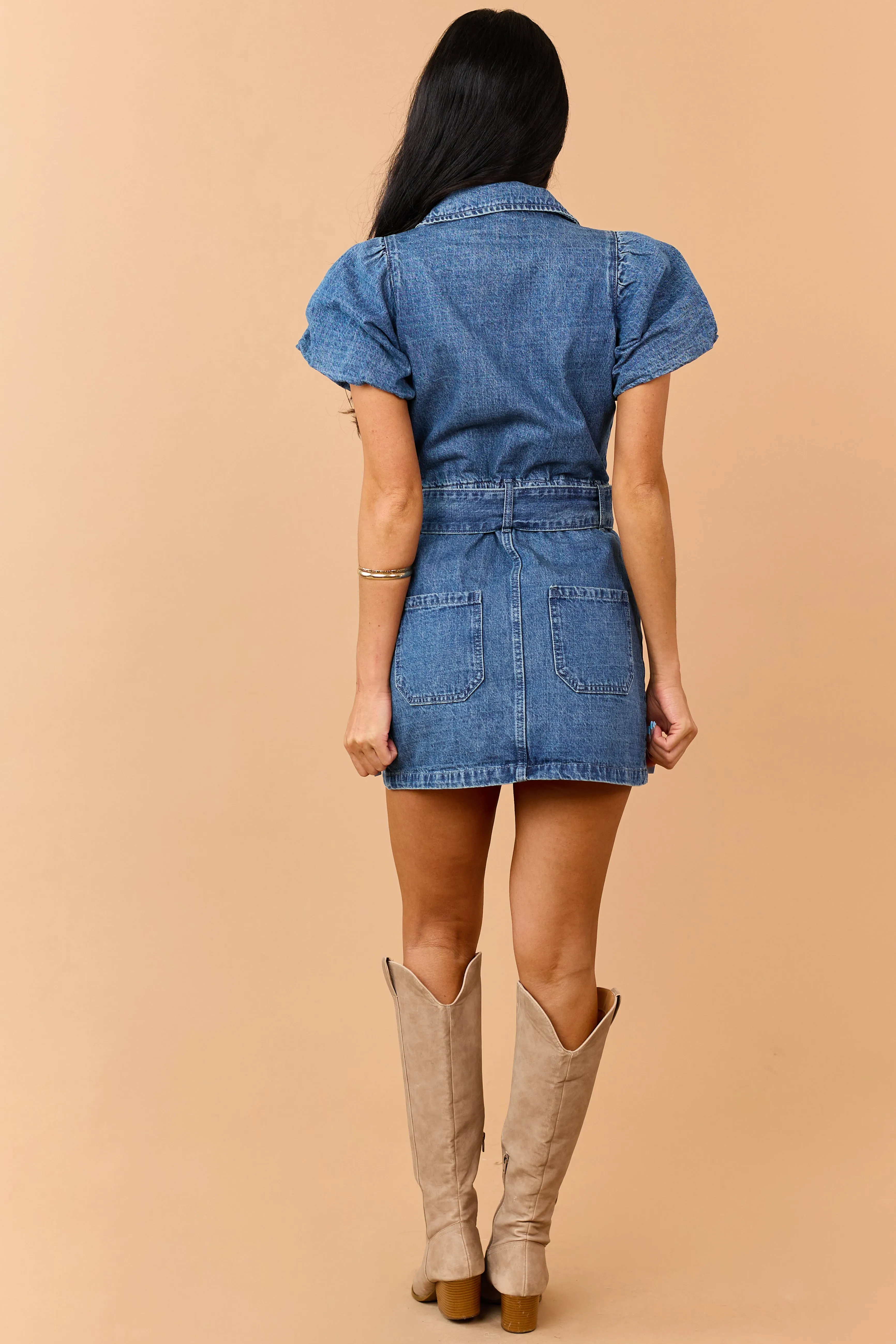 Medium Wash Denim Zip Up Belted Mini Dress sold by Lime Lush product image thumbnail 5