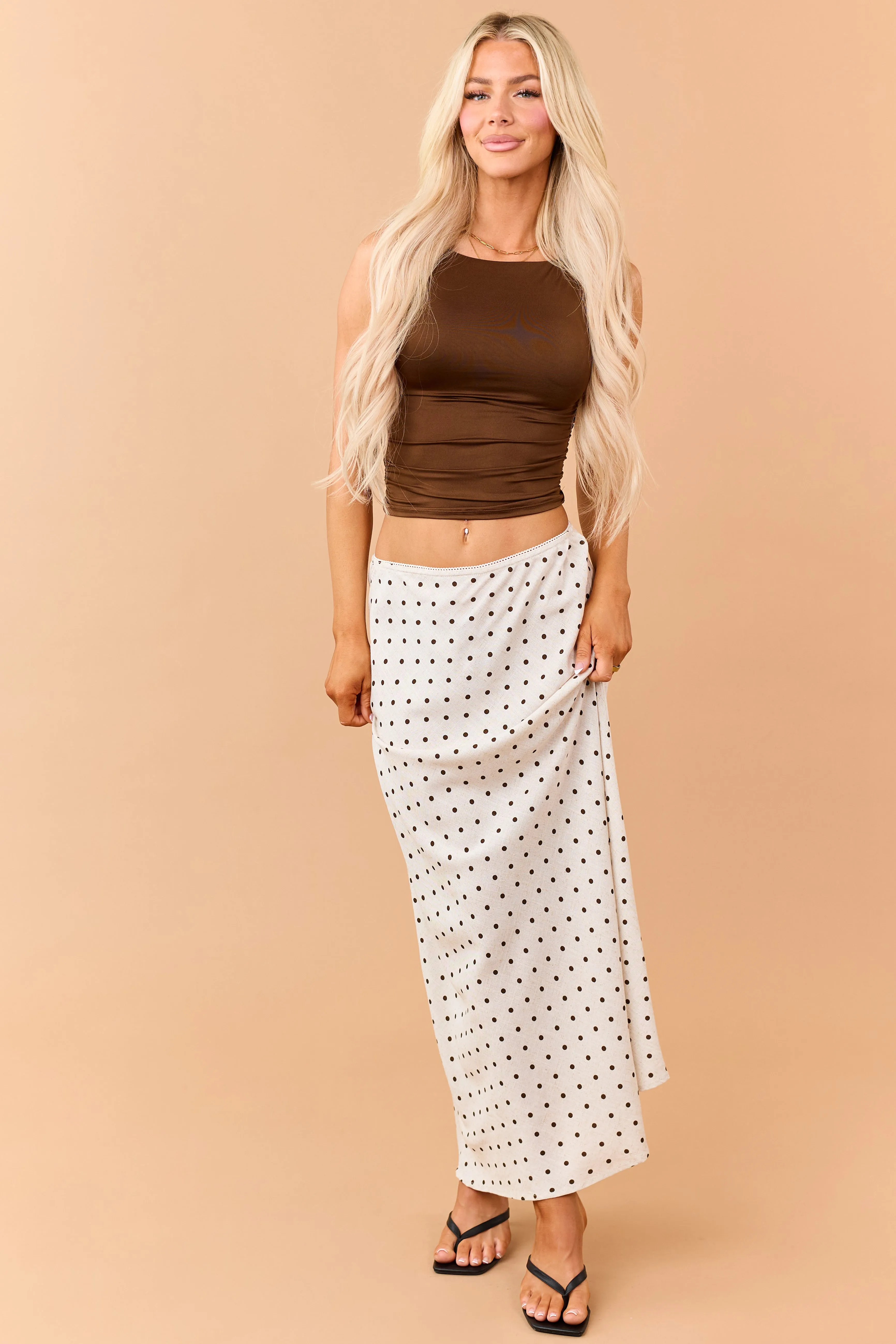 Almond and Cocoa Polka Dot Linen Blend Maxi Skirt sold by Lime Lush product image thumbnail 5