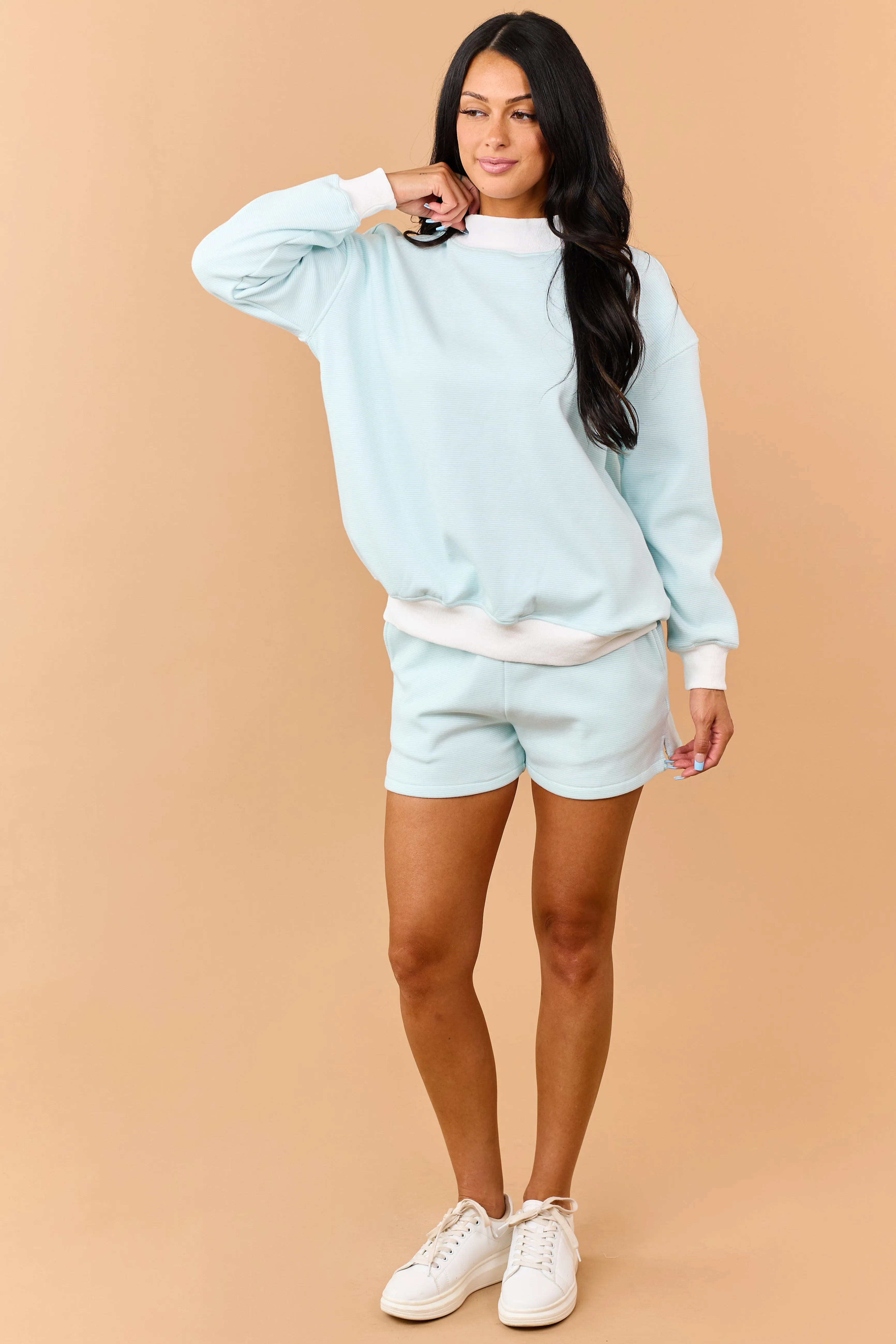 Turquoise and Ivory Striped Knit Sweatshirt sold by Lime Lush product image thumbnail 3