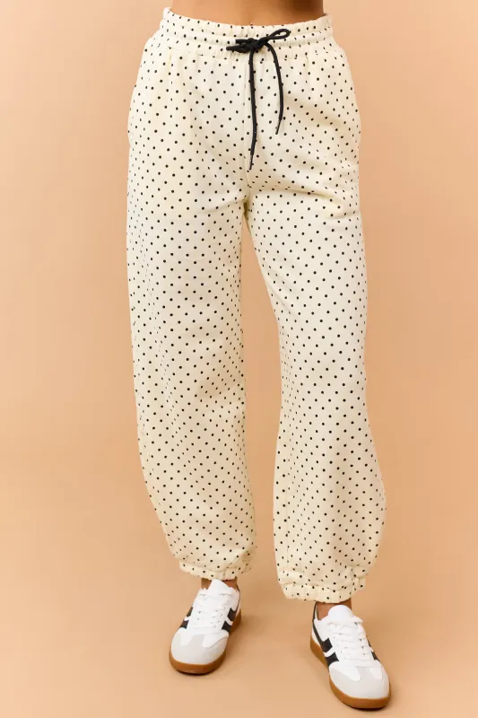 Cream and Black Polka Dot Jogger Sweatpants made by Veveret