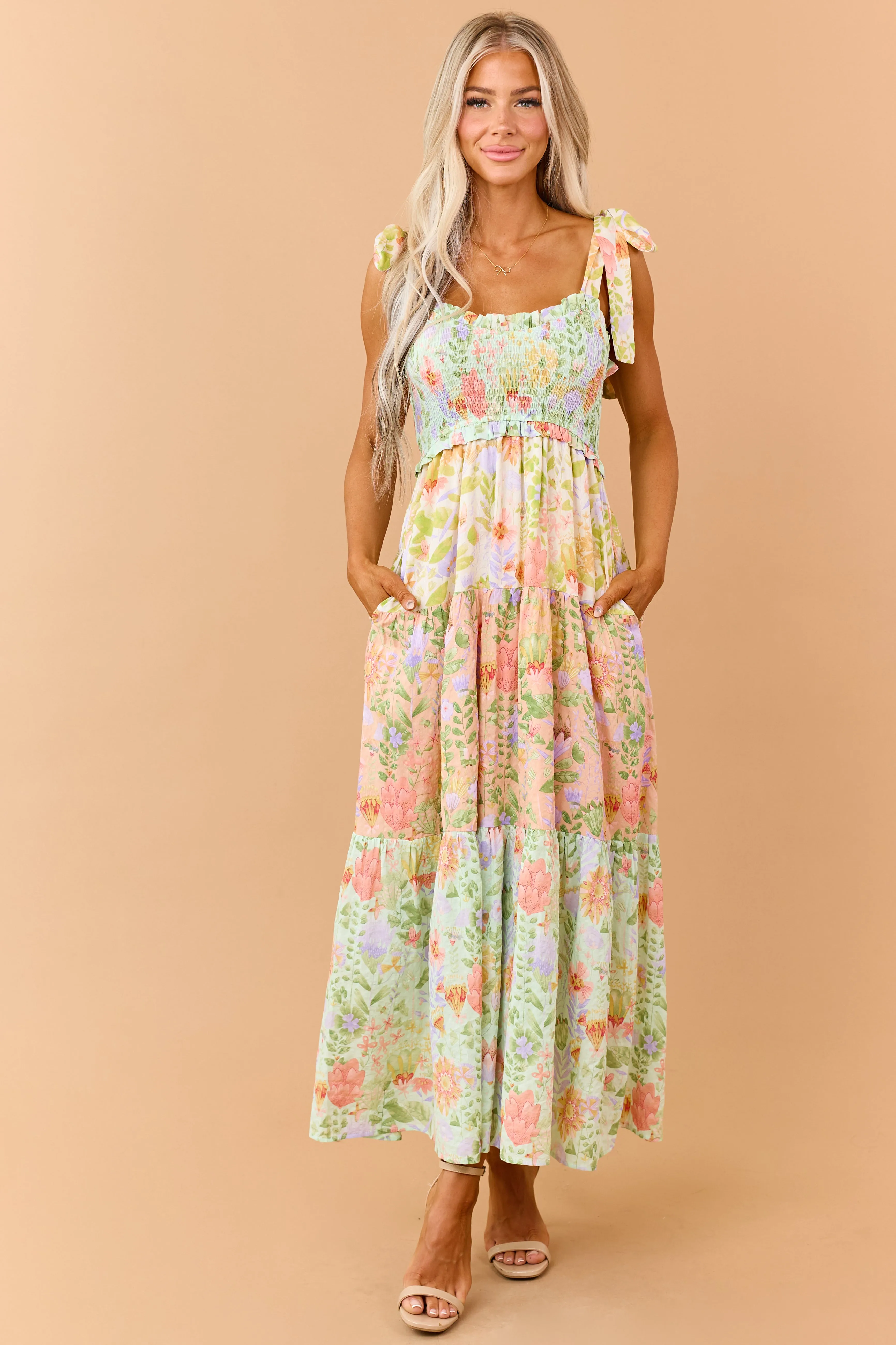 Mint Floral Print Tiered Smocked Maxi Dress sold by Lime Lush product image thumbnail 2