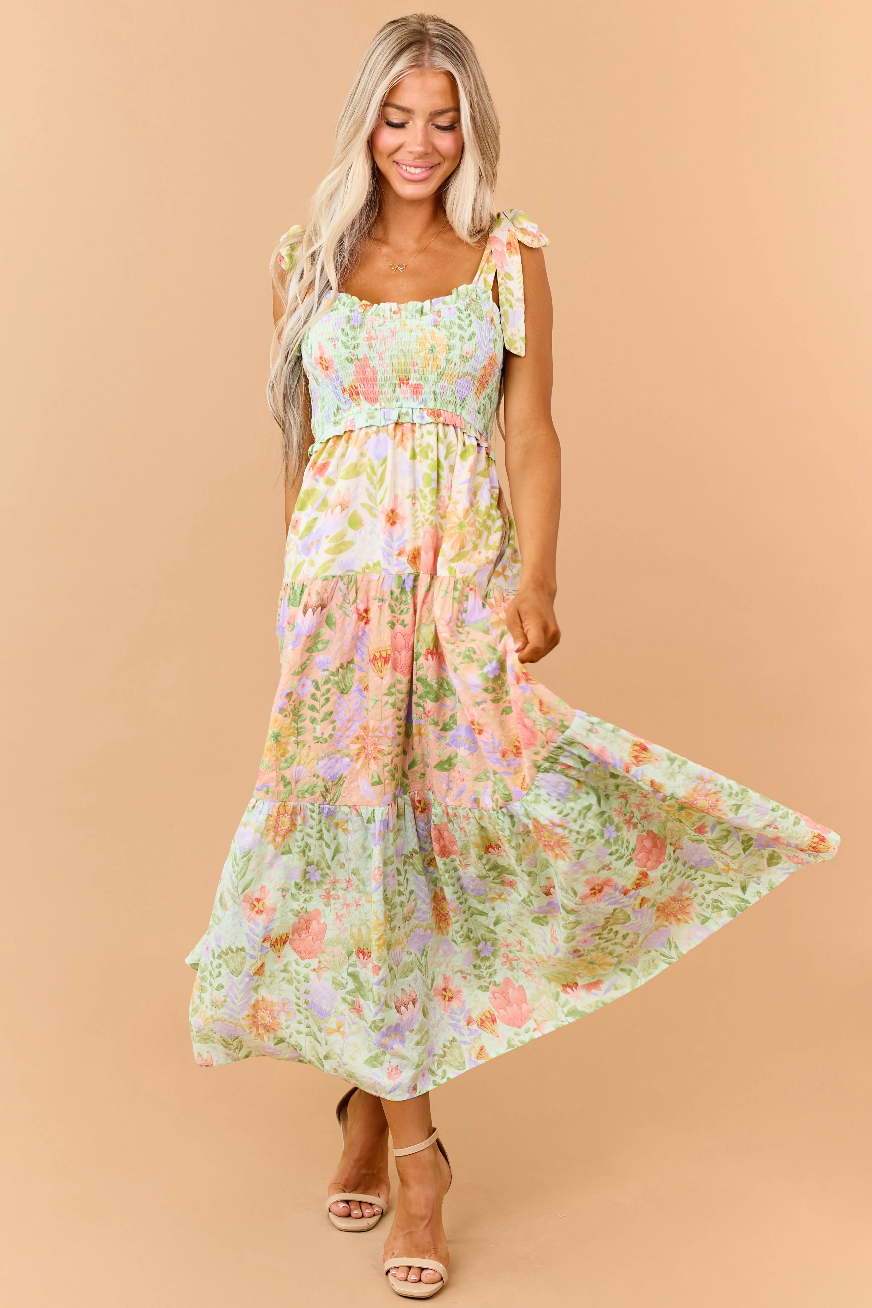 Mint Floral Print Tiered Smocked Maxi Dress sold by Lime Lush product image thumbnail 4