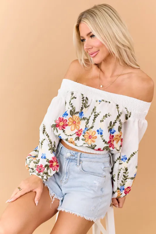 Off White Floral Embroidered Off the Shoulder Top made by BiBi