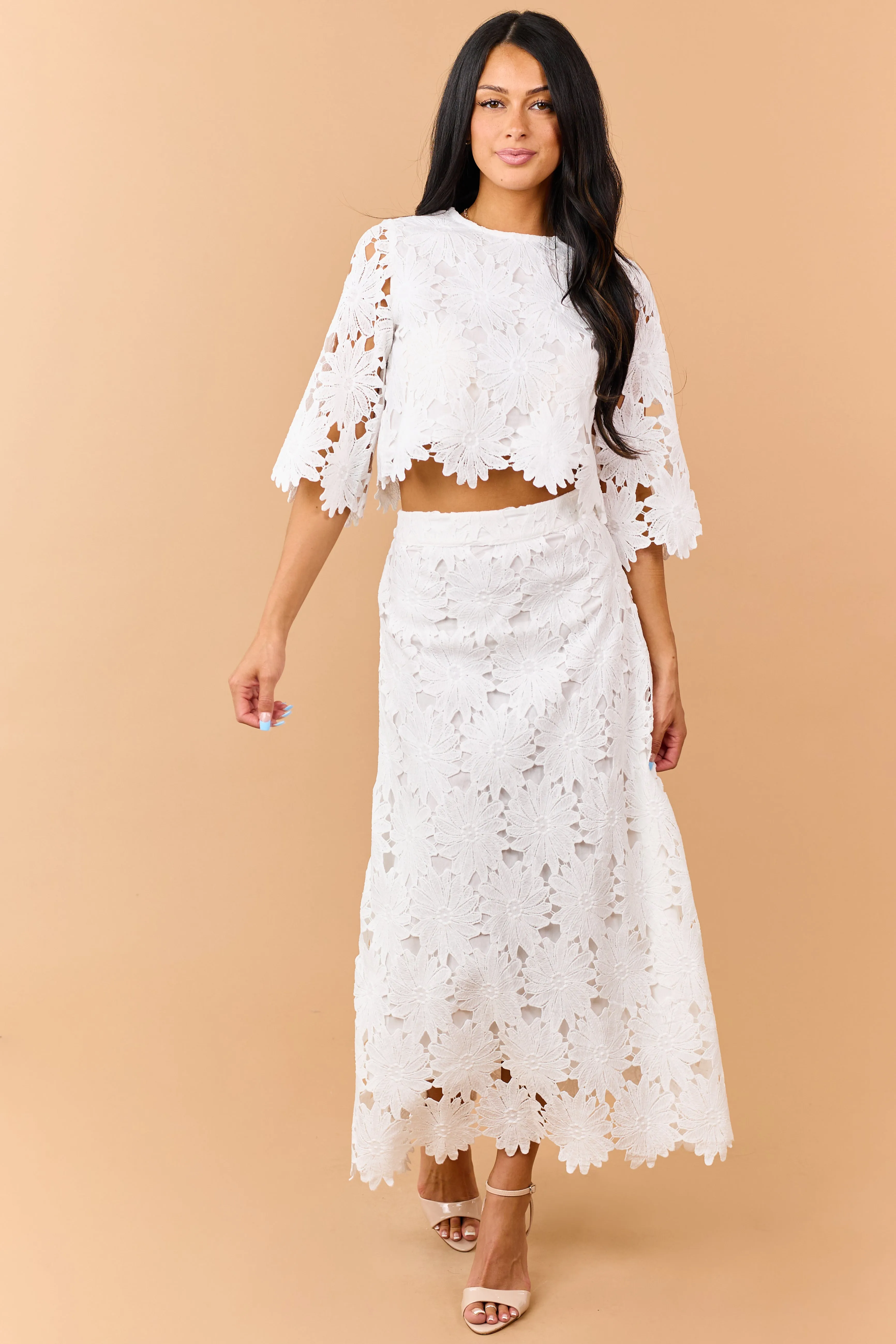 Off White Floral Lace Scalloped Hem Maxi Skirt sold by Lime Lush product image thumbnail 5