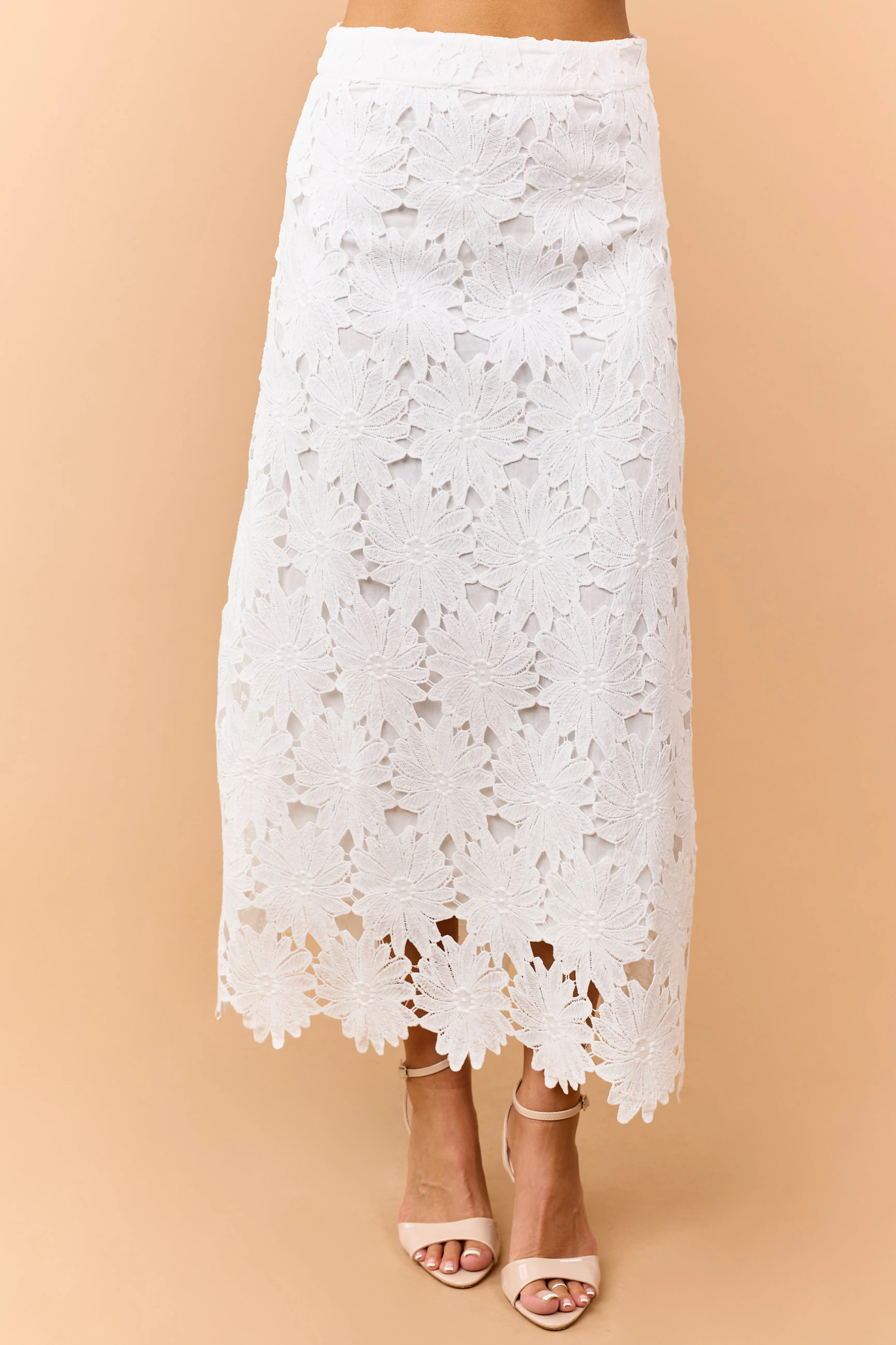 Off White Floral Lace Scalloped Hem Maxi Skirt sold by Lime Lush product image thumbnail 2