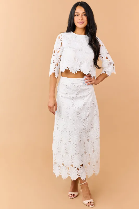 Off White Floral Lace Scalloped Hem Maxi Skirt made by TCEC