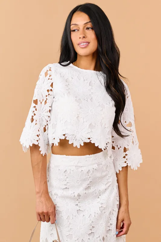 Off White Floral Lace Scalloped Hem Half Sleeve Top made by TCEC