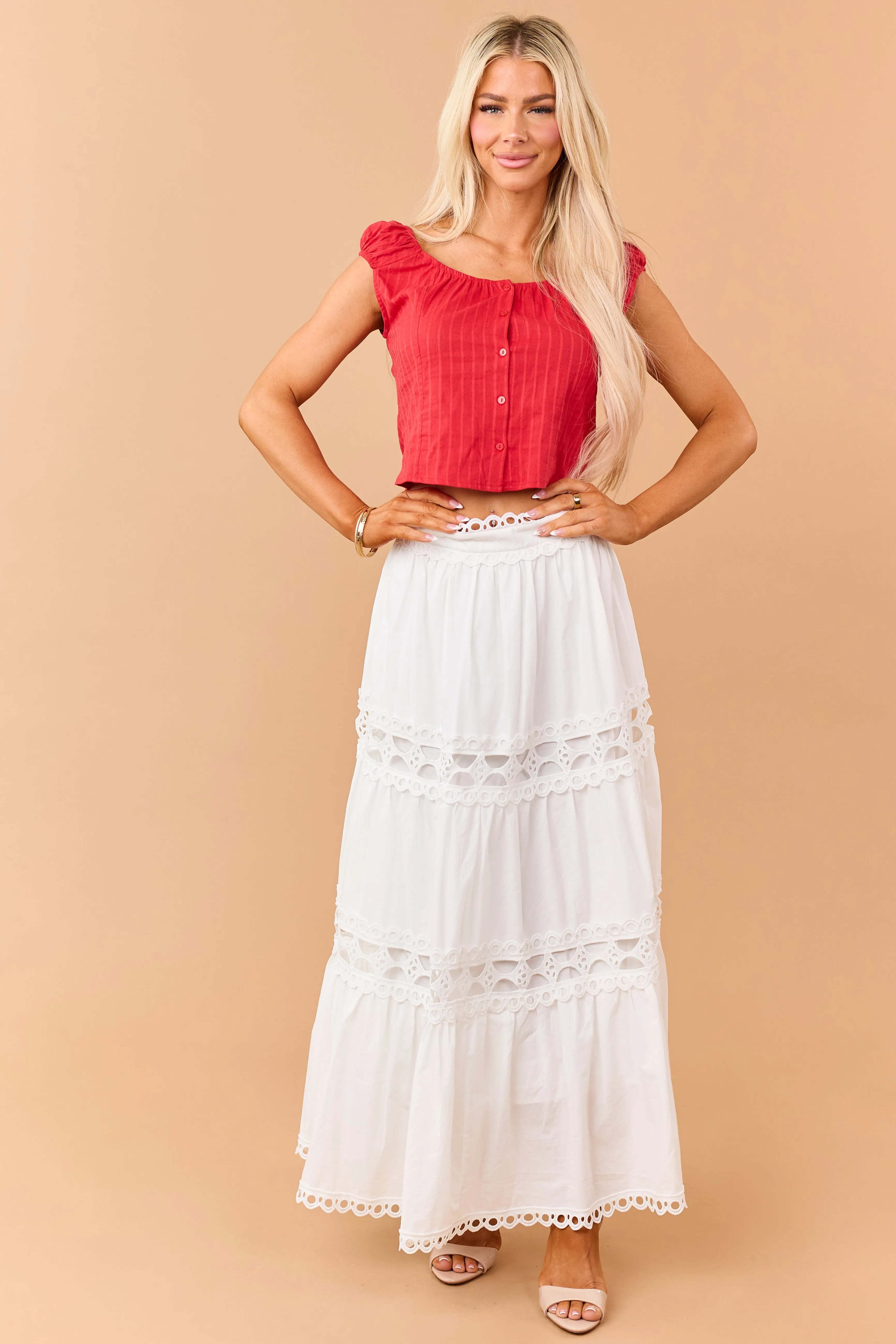 Ivory Cotton Eyelet Lace Tiered Maxi Skirt sold by Lime Lush product image thumbnail 5