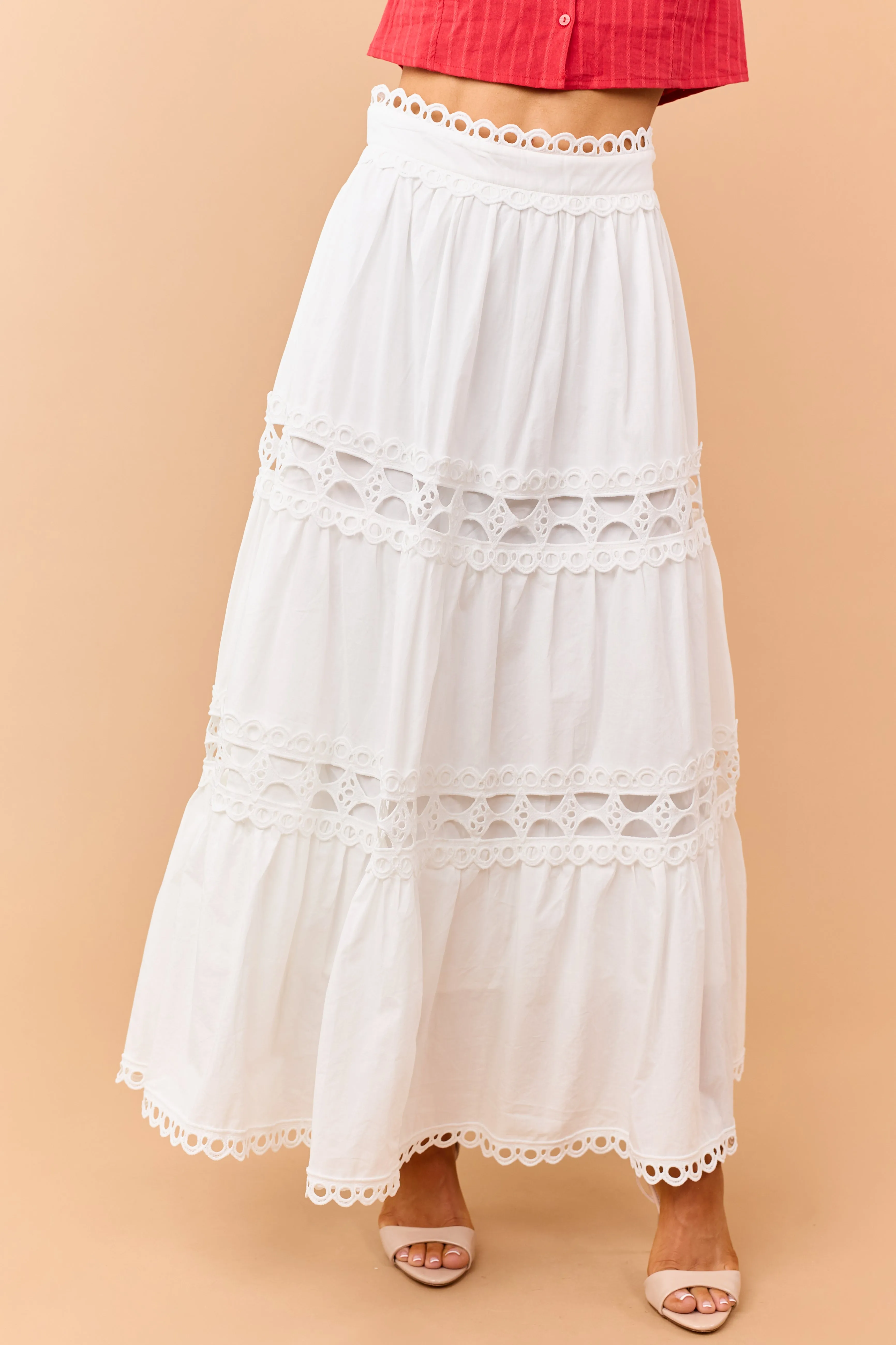Ivory Cotton Eyelet Lace Tiered Maxi Skirt sold by Lime Lush product image thumbnail 2