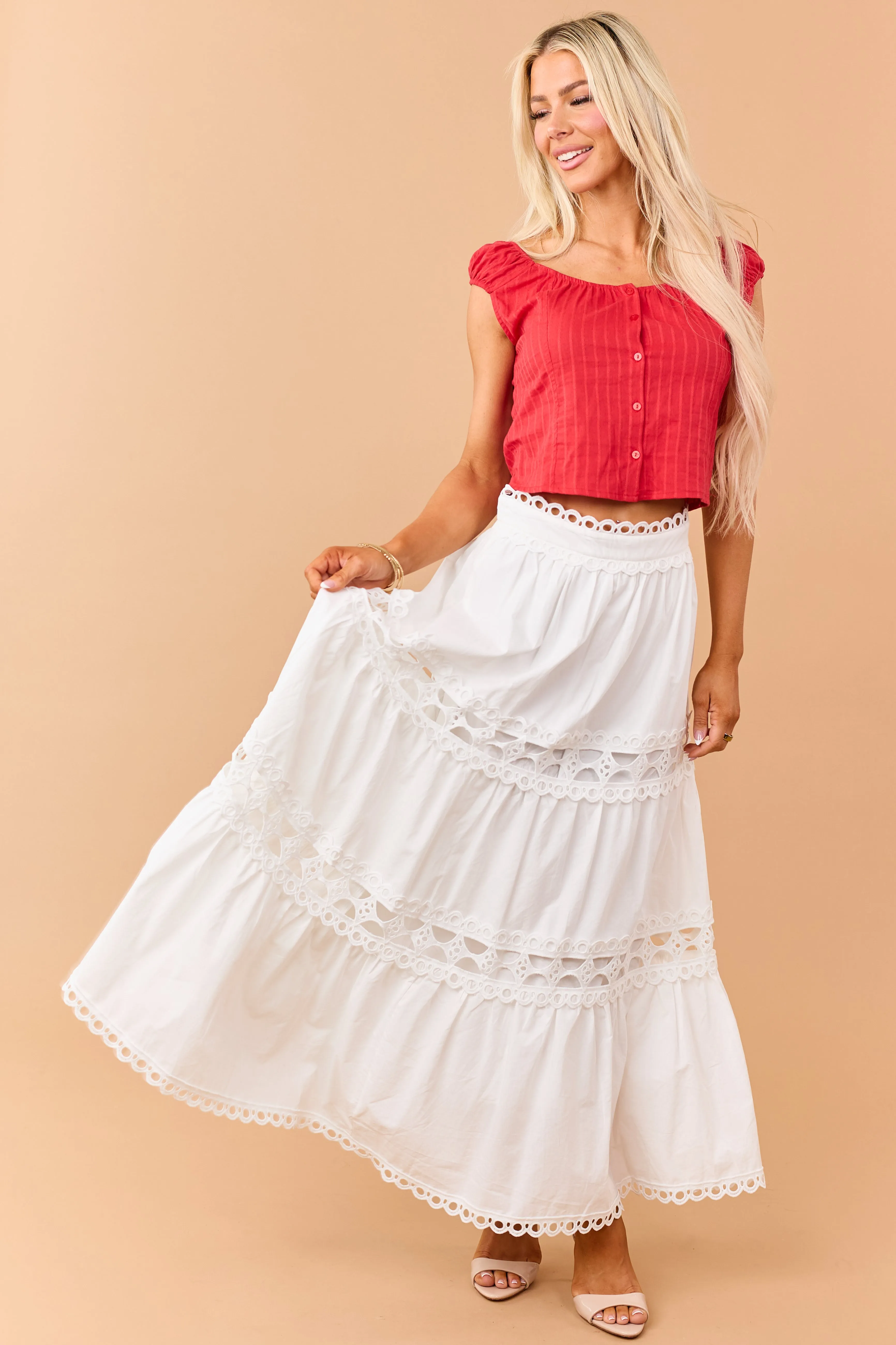 Ivory Cotton Eyelet Lace Tiered Maxi Skirt sold by Lime Lush