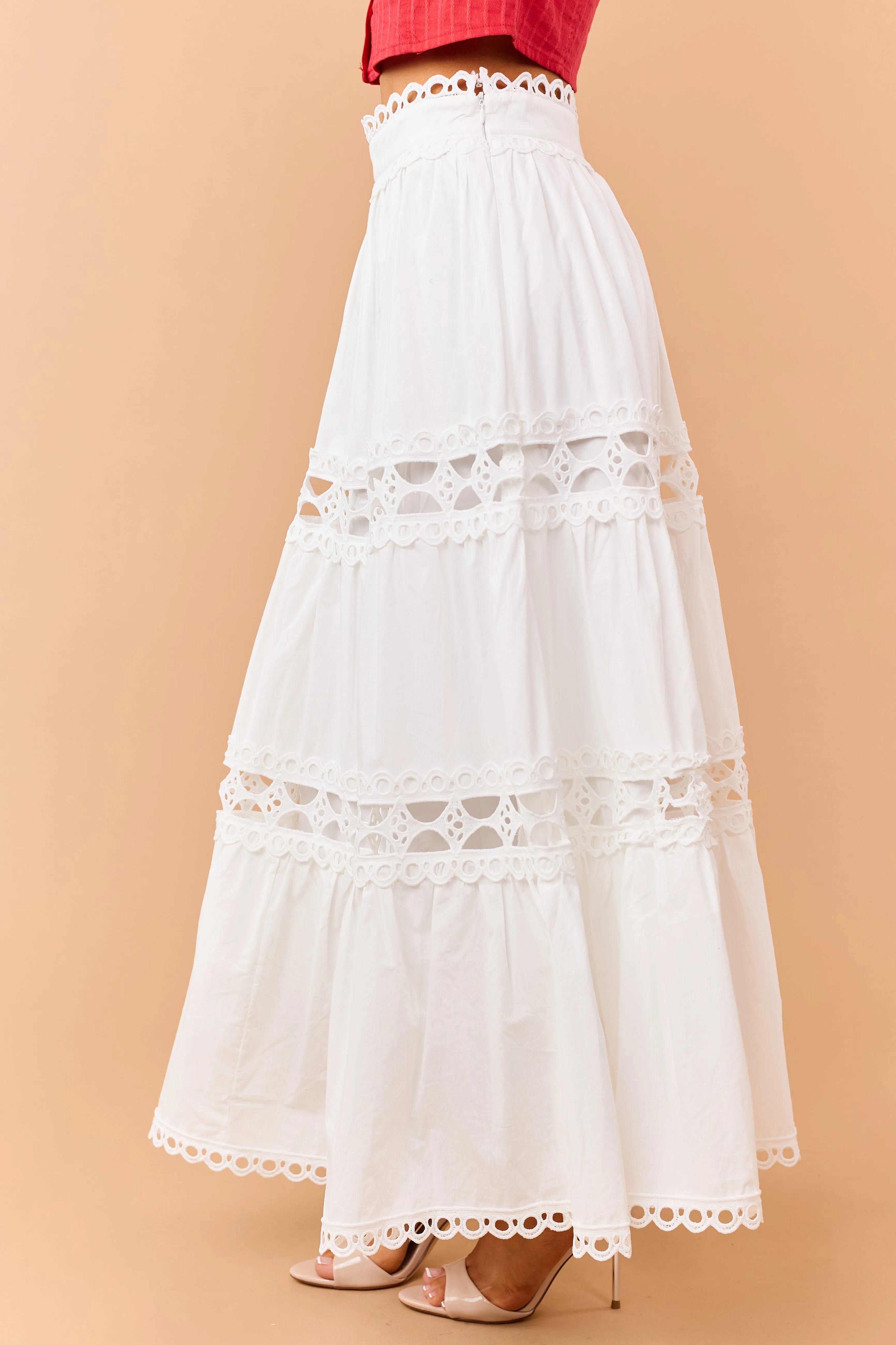 Ivory Cotton Eyelet Lace Tiered Maxi Skirt sold by Lime Lush product image thumbnail 3