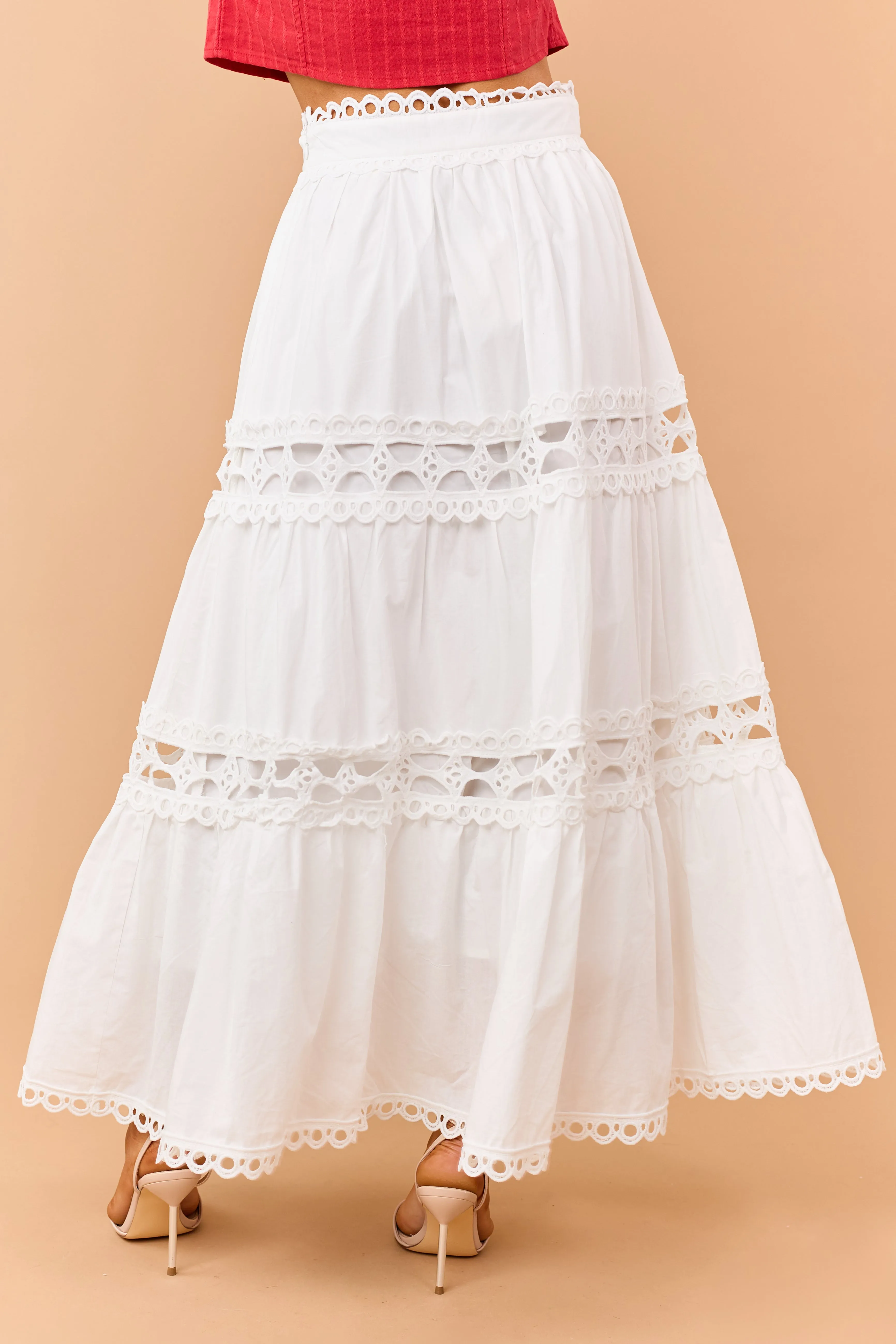 Ivory Cotton Eyelet Lace Tiered Maxi Skirt sold by Lime Lush product image thumbnail 4