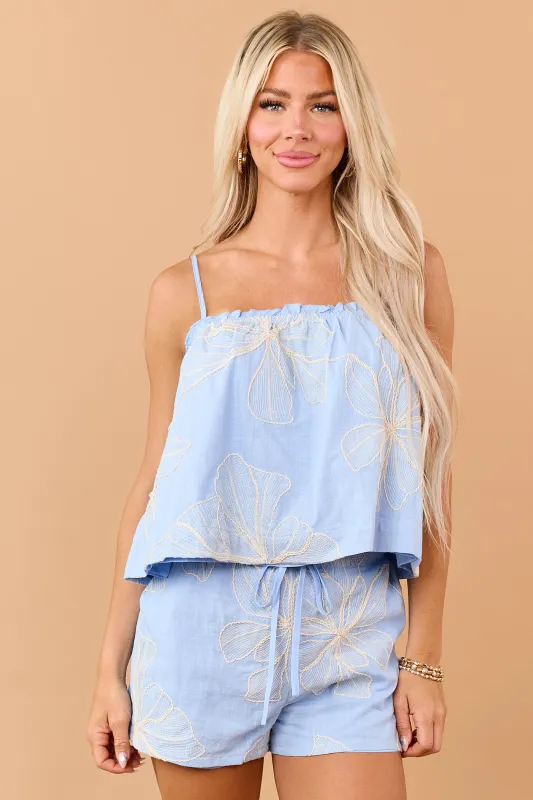 Powder Blue Cotton Floral Embroidered Tank Top made by Pretty Garbage