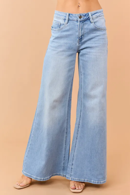 Mica Denim Light Wash Mid Rise Wide Stretchy Jeans made by Mica Denim