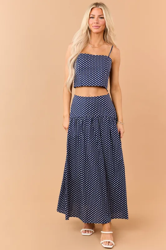 Navy and White Polka Dot Cotton Maxi Skirt made by Day + Moon