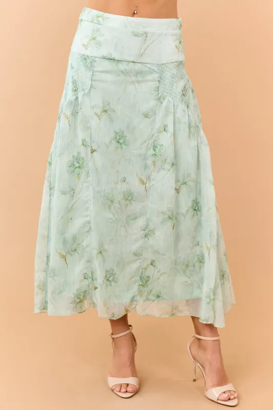 Sage Floral Print Smocked Maxi Skirt made by Polagram
