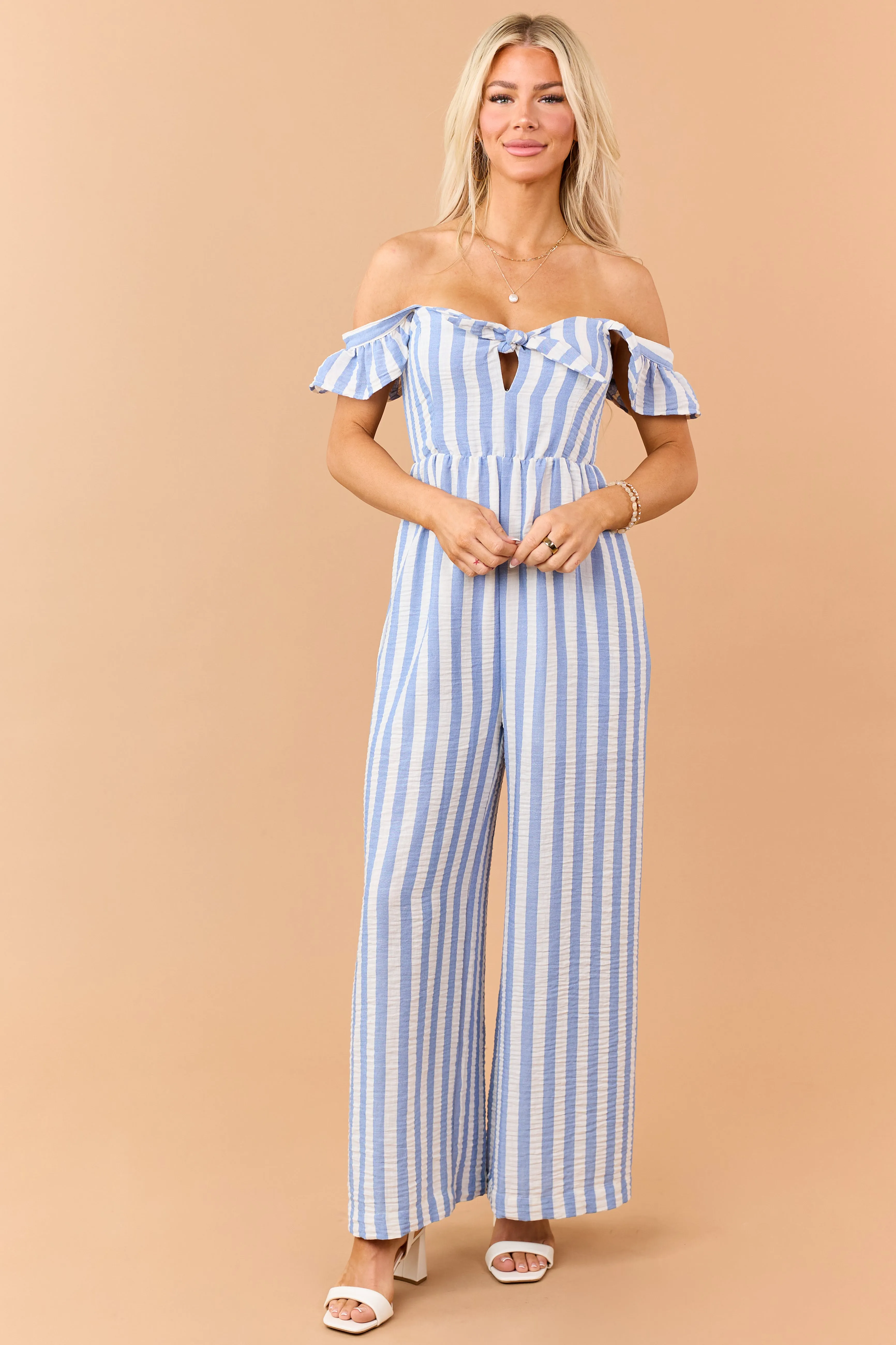 Powder Blue Striped Bust Tie Wide Leg Jumpsuit sold by Lime Lush product image thumbnail 3