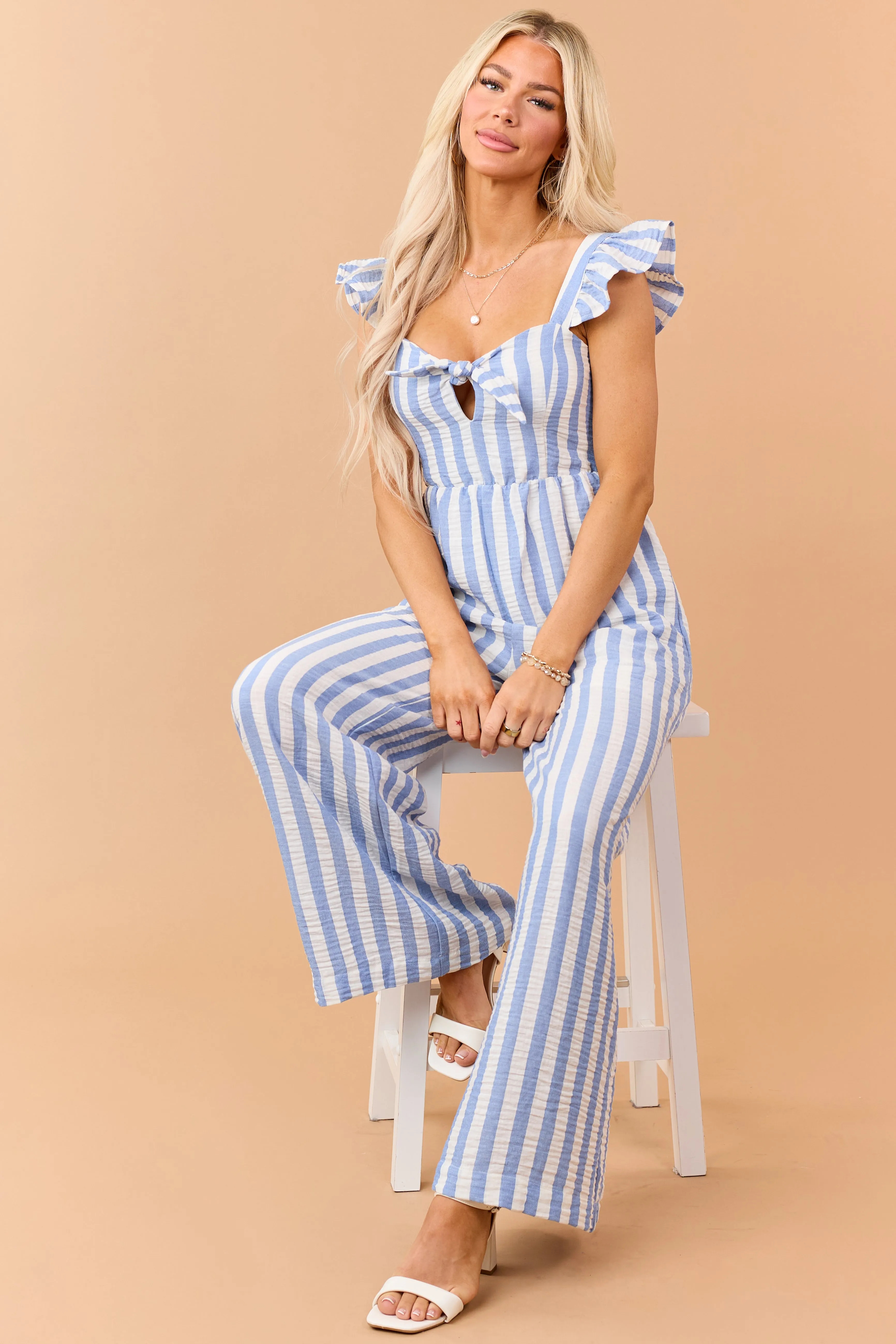 Powder Blue Striped Bust Tie Wide Leg Jumpsuit sold by Lime Lush product image thumbnail 4