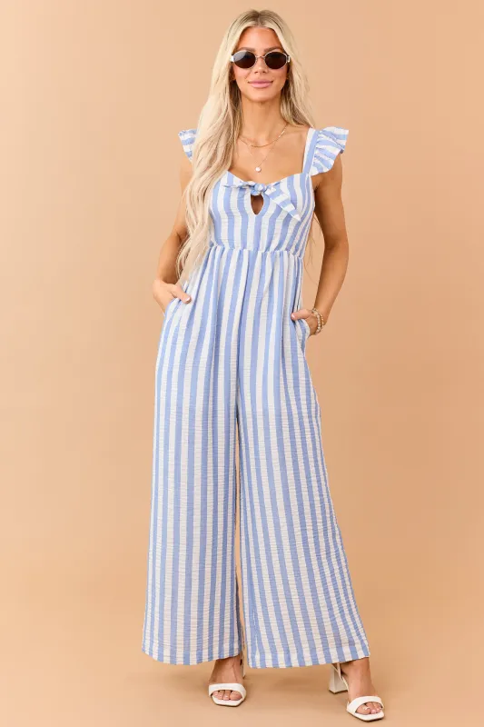 Powder Blue Striped Bust Tie Wide Leg Jumpsuit made by Doe & Rae