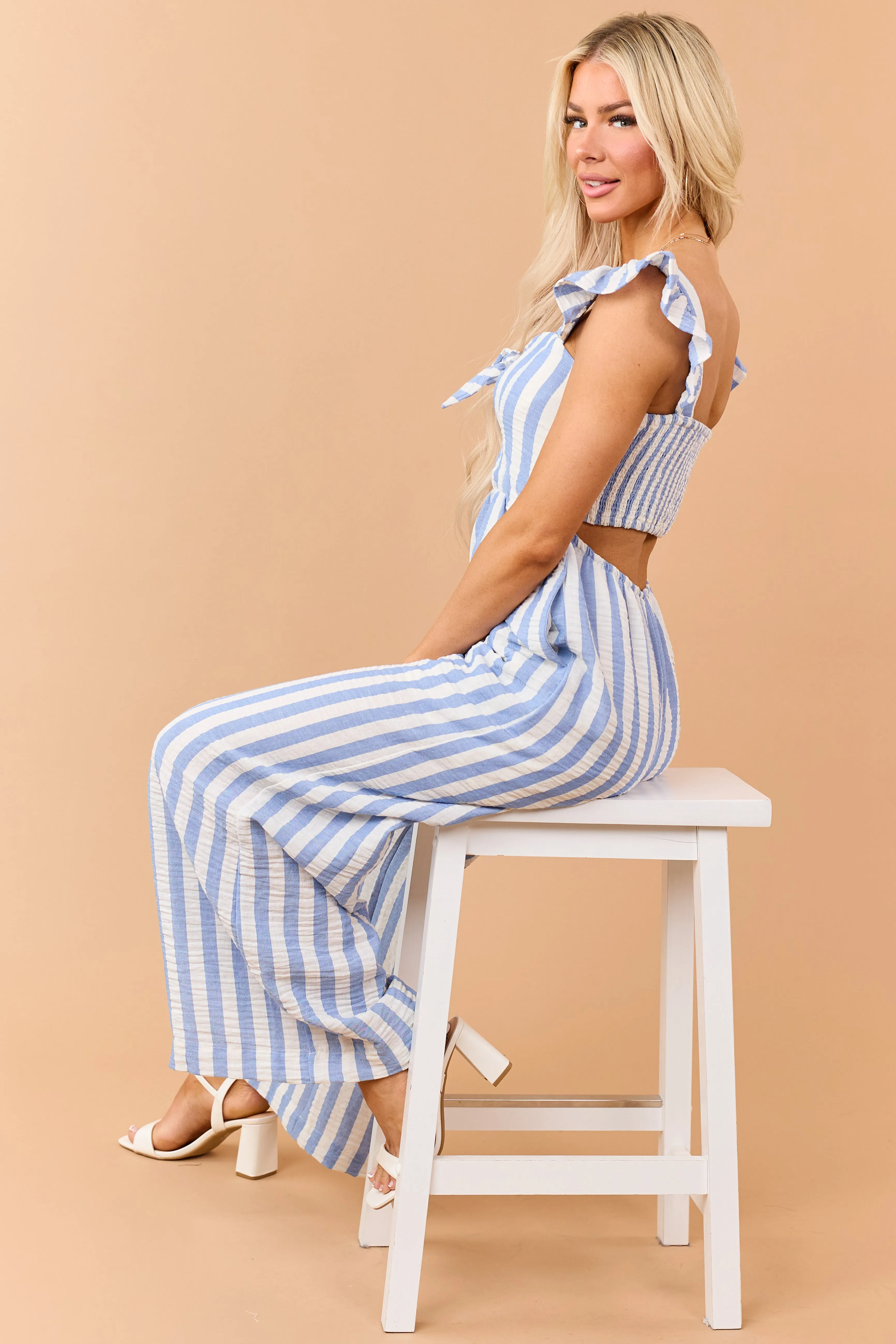 Powder Blue Striped Bust Tie Wide Leg Jumpsuit sold by Lime Lush product image thumbnail 5
