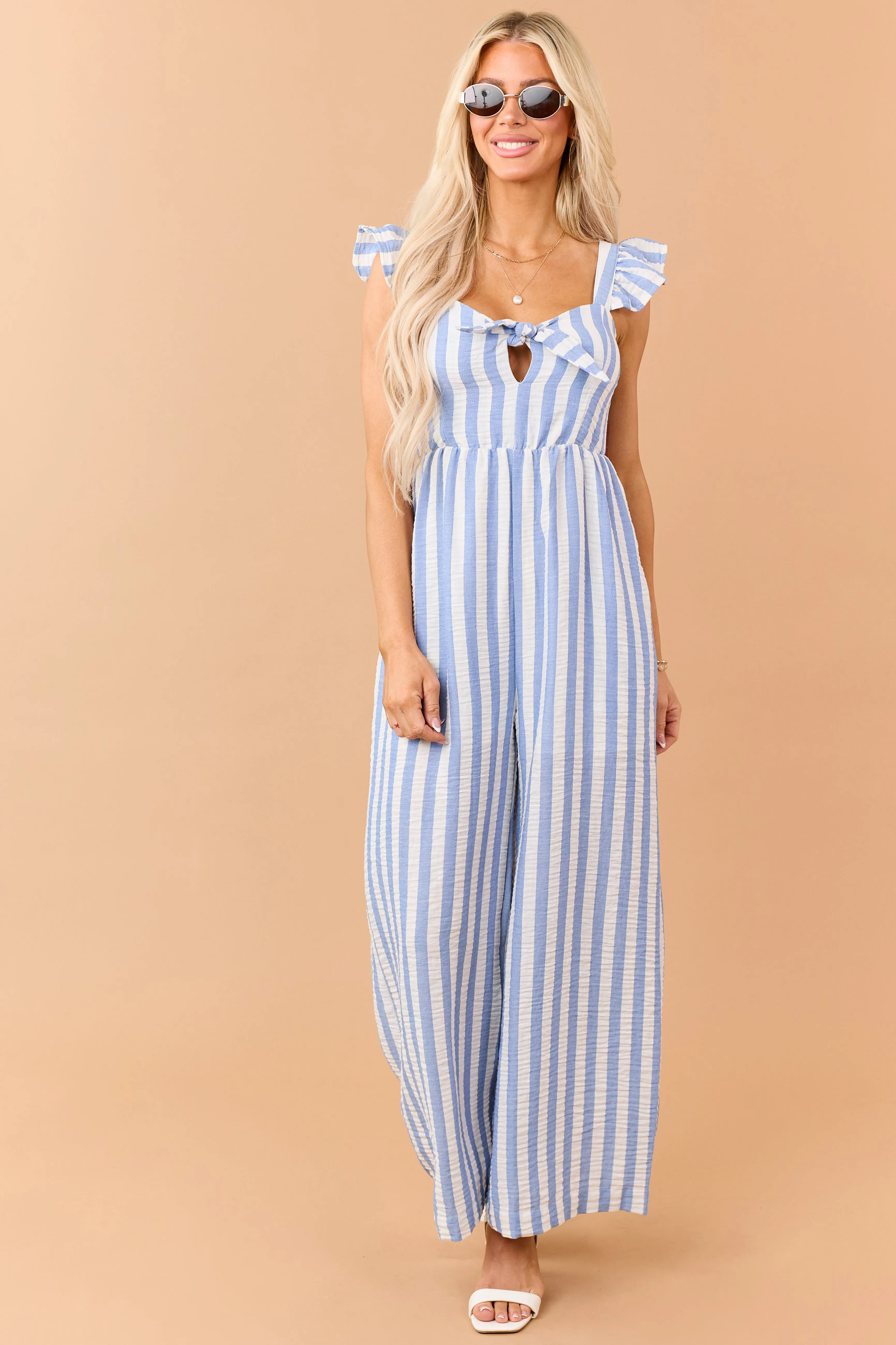 Powder Blue Striped Bust Tie Wide Leg Jumpsuit sold by Lime Lush product image thumbnail 2
