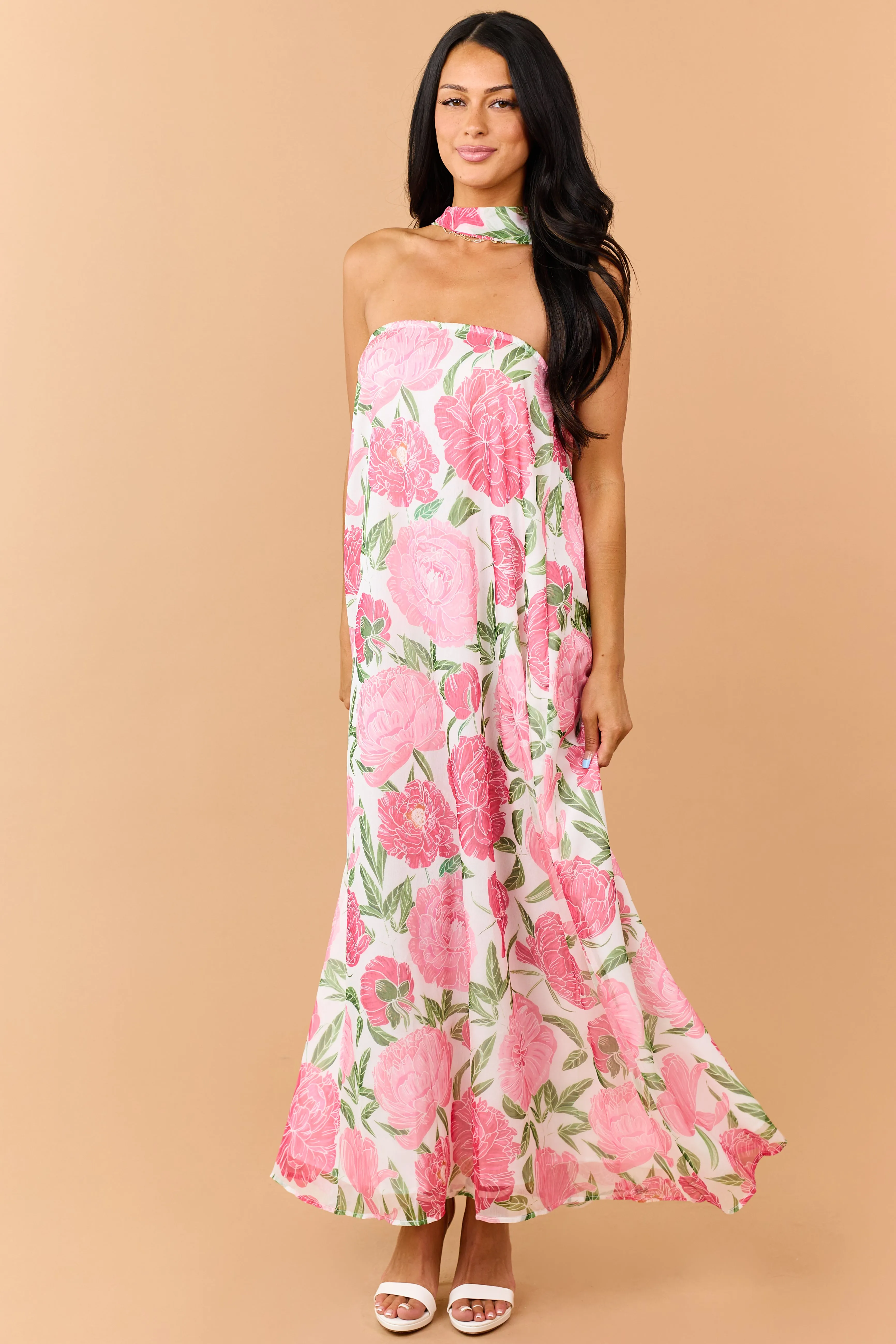 Raspberry Floral Print Waist Tie Strapless Maxi Dress sold by Lime Lush product image thumbnail 5