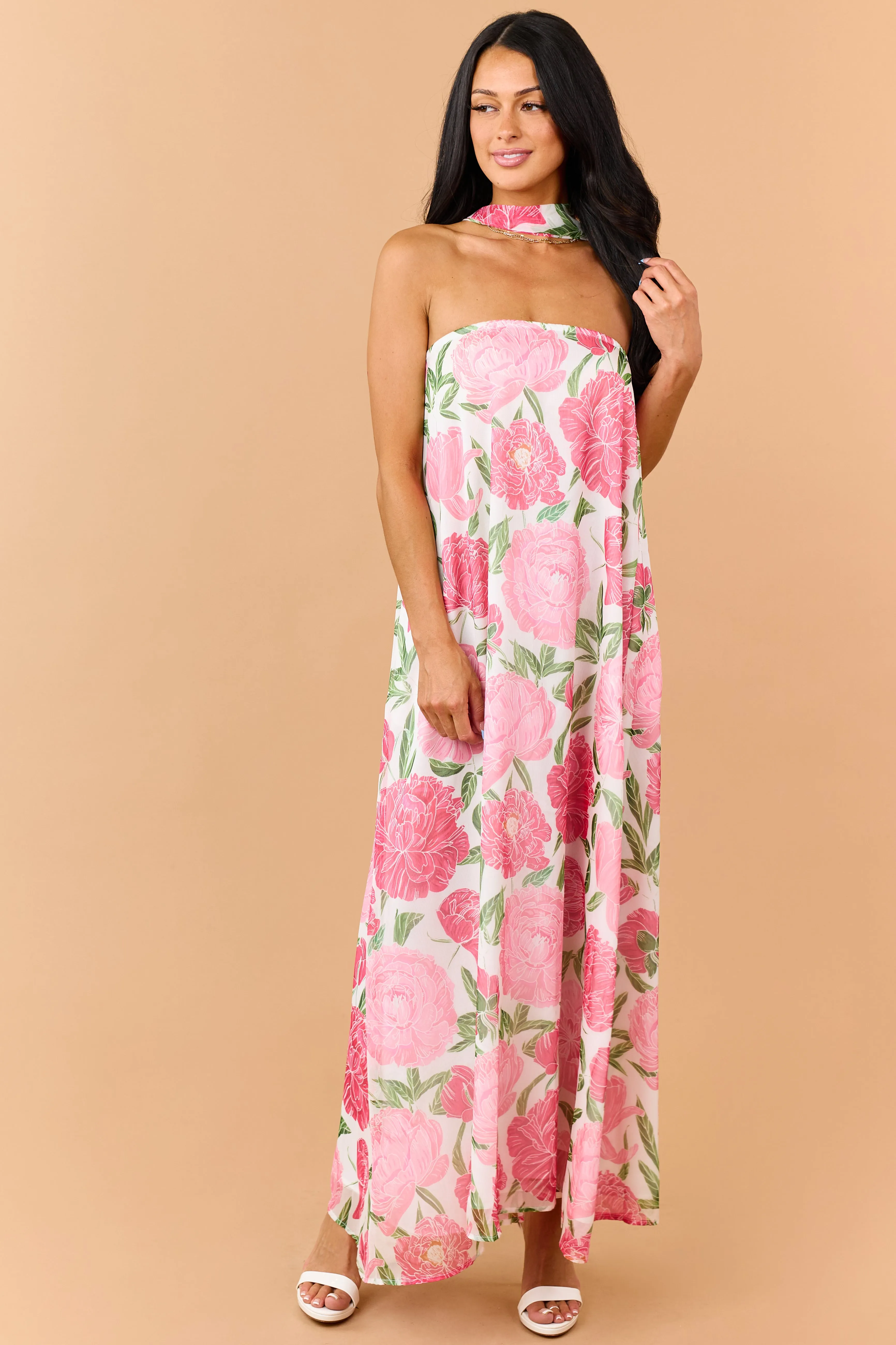 Raspberry Floral Print Waist Tie Strapless Maxi Dress sold by Lime Lush product image thumbnail 4