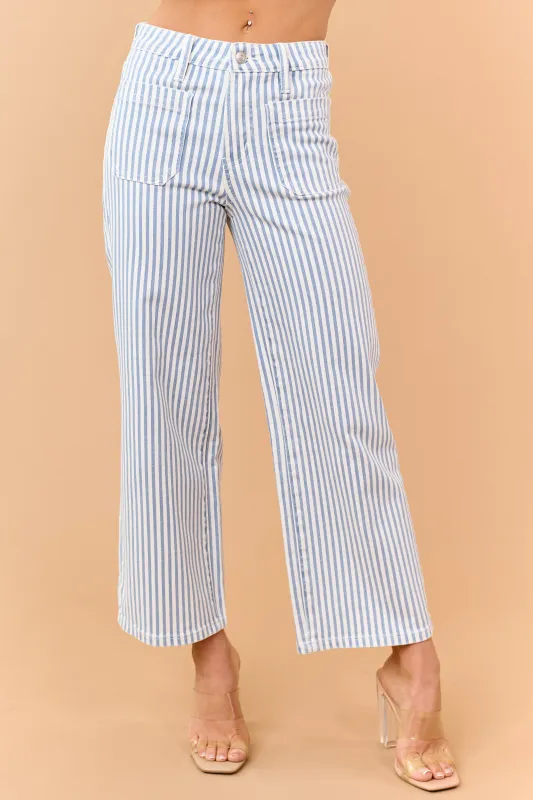 Mica Denim Dusty Blue Striped Wide Crop Stretch Jeans made by Mica Denim