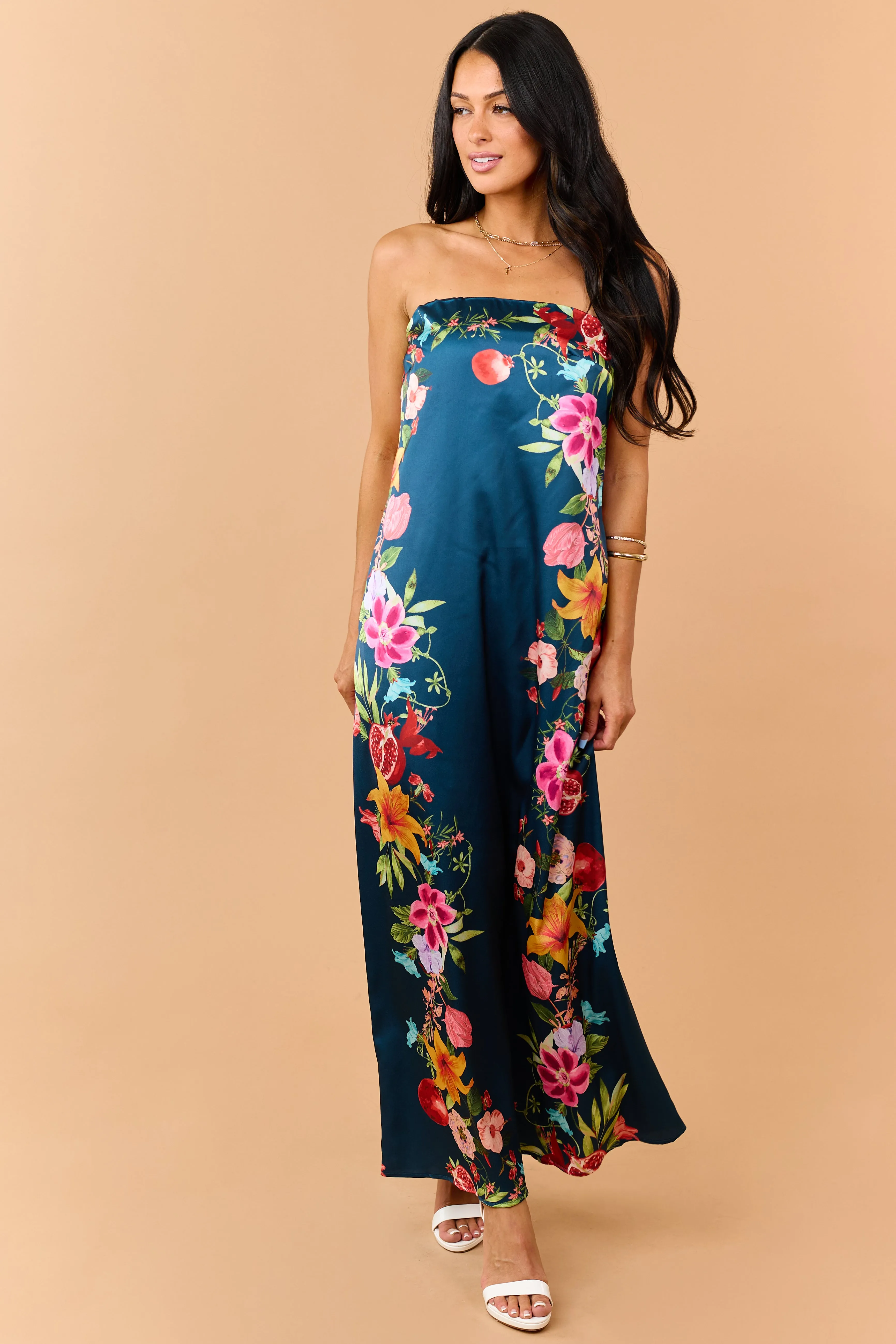 Sea Blue Satin Floral Print Strapless Maxi Dress sold by Lime Lush product image thumbnail 5