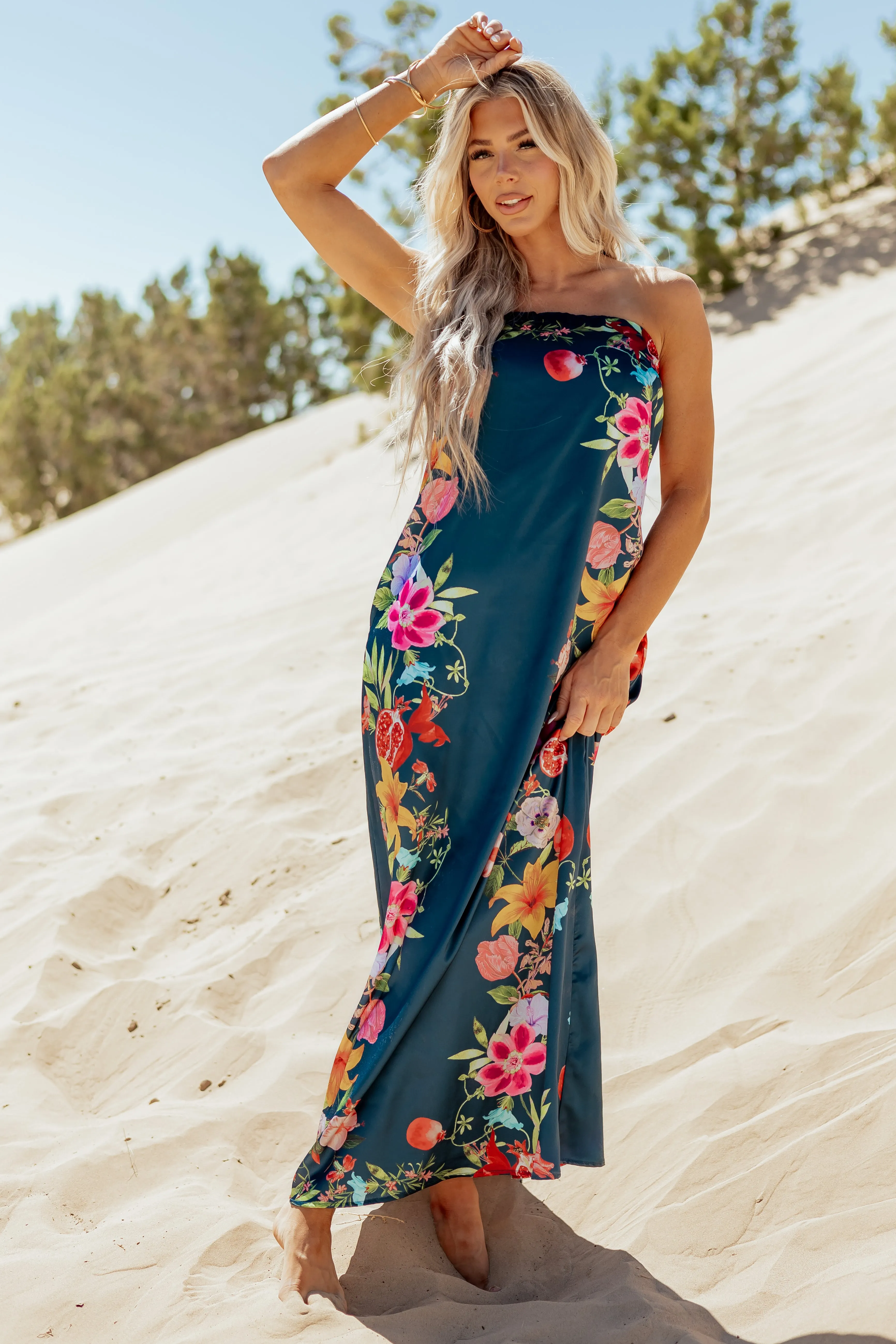 Sea Blue Satin Floral Print Strapless Maxi Dress sold by Lime Lush product image thumbnail 4