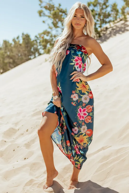 Sea Blue Satin Floral Print Strapless Maxi Dress made by Fate